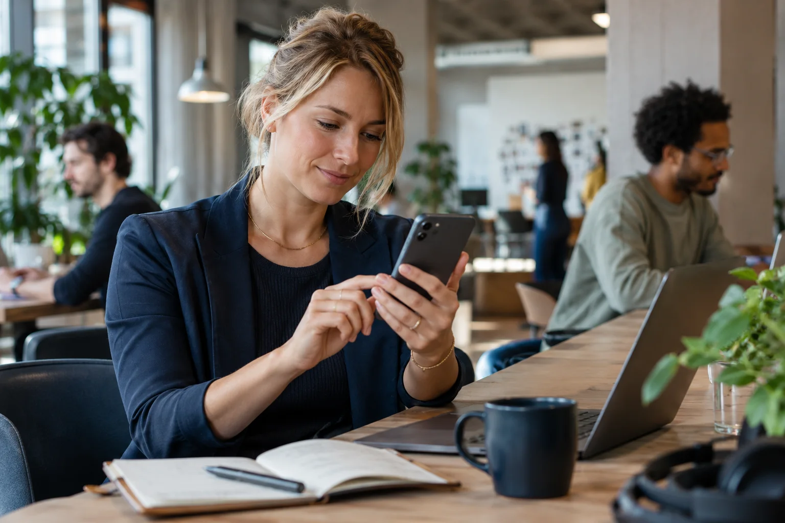 Das beste Online-Geschäftskonto: App, Rechte und Schnittstellen Unternehmerin prüft mobiles Online-Banking