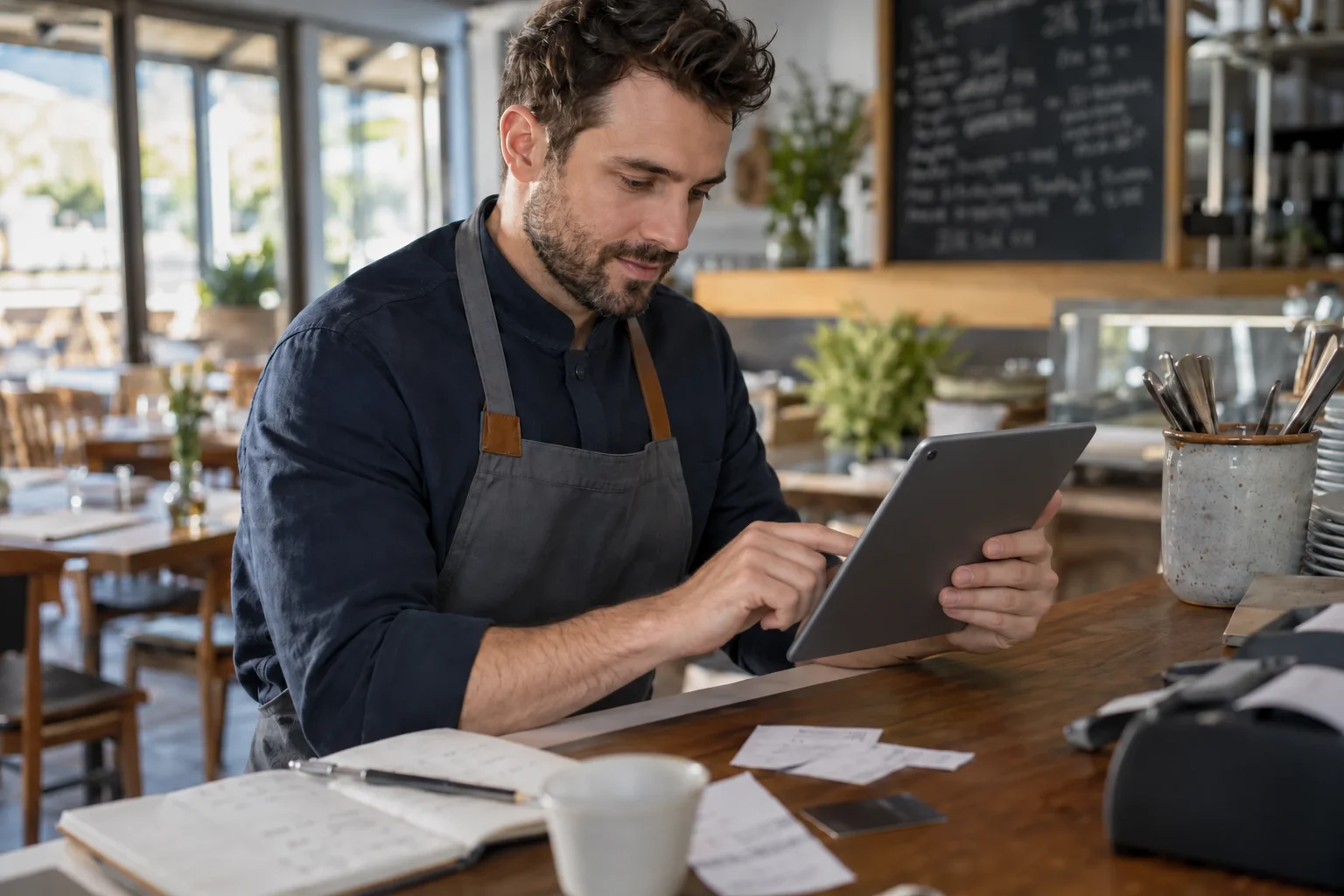 Gastronom prüft den geschäftlichen Zahlungsverkehr am Tablet