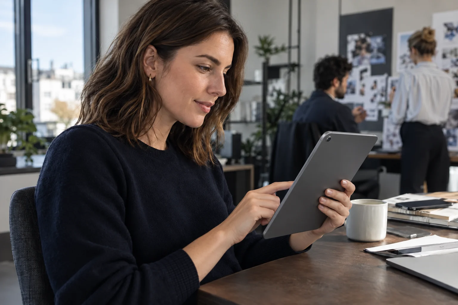 Unternehmerin prüft Firmenkarten-Berechtigungen auf einem Tablet