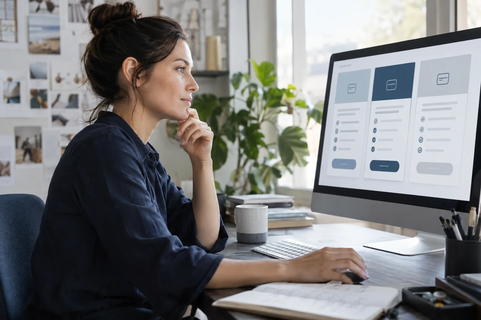 Selbstständige vergleicht Kontoangebote am Desktop-PC