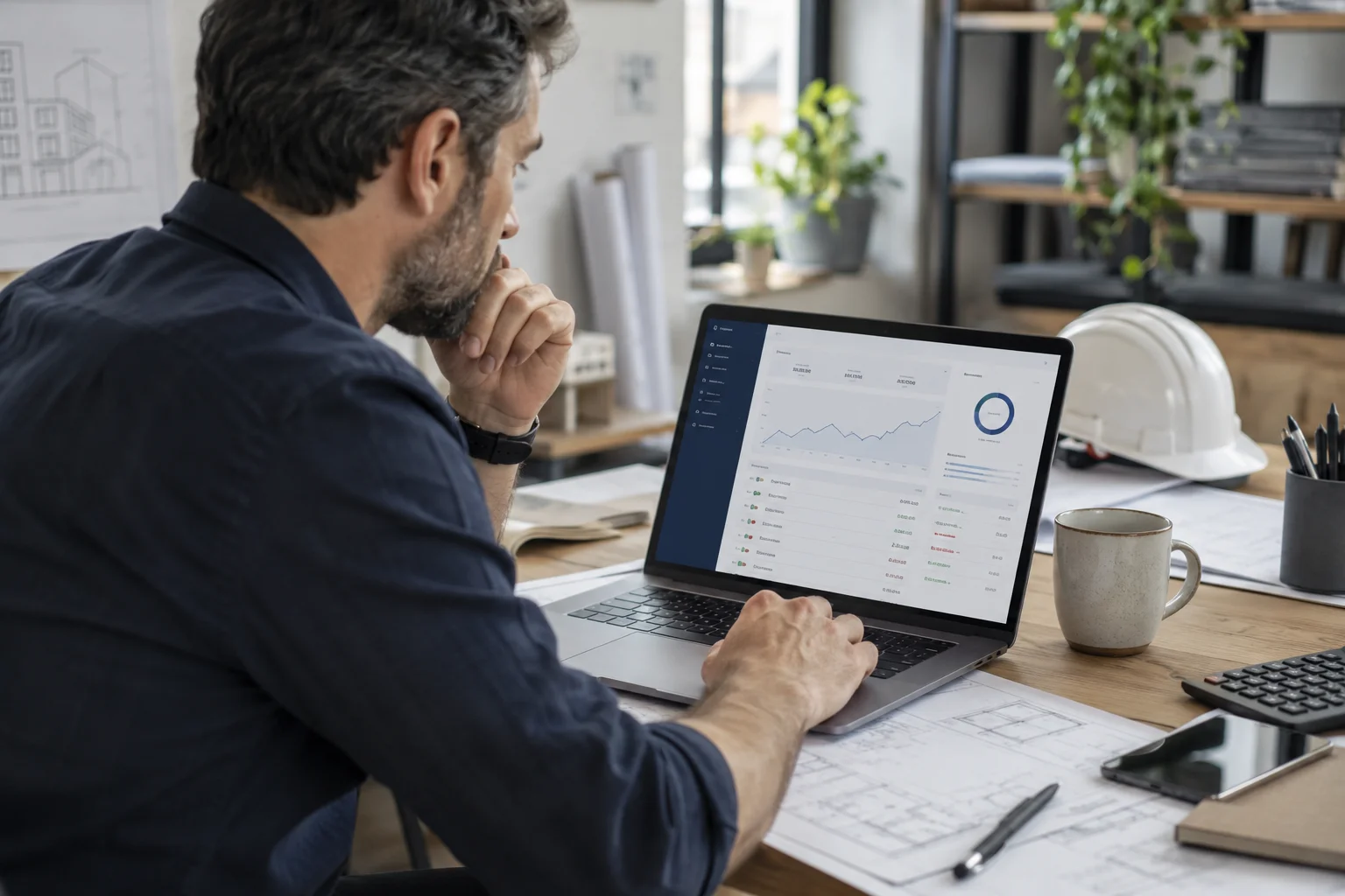 Kostenloses Geschäftskonto Anbieter Ingenieur kontrolliert Geschäftskonto-Umsätze am Laptop