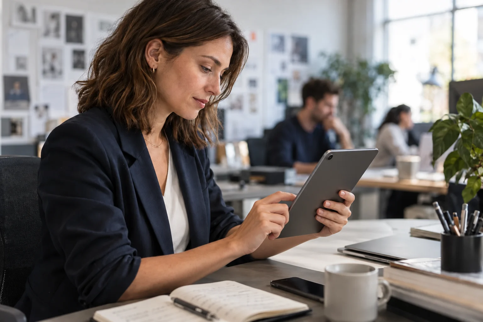 bunq Geschäftskonto Kosten: Grundpreis und tatsächliche Nutzung Unternehmerin prüft Firmenkarten-Berechtigungen auf einem Tablet