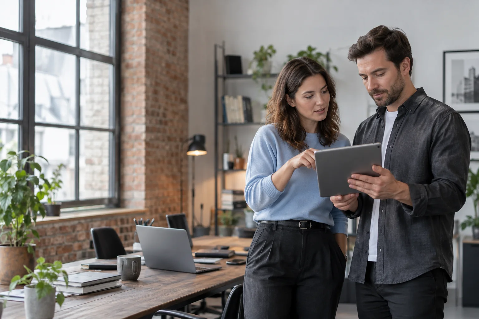 bunq vs. FINOM vs. Holvi vs. Vivid: Geschäftskonten im direkten Vergleich Agenturpartner besprechen Kontofunktionen am Tablet