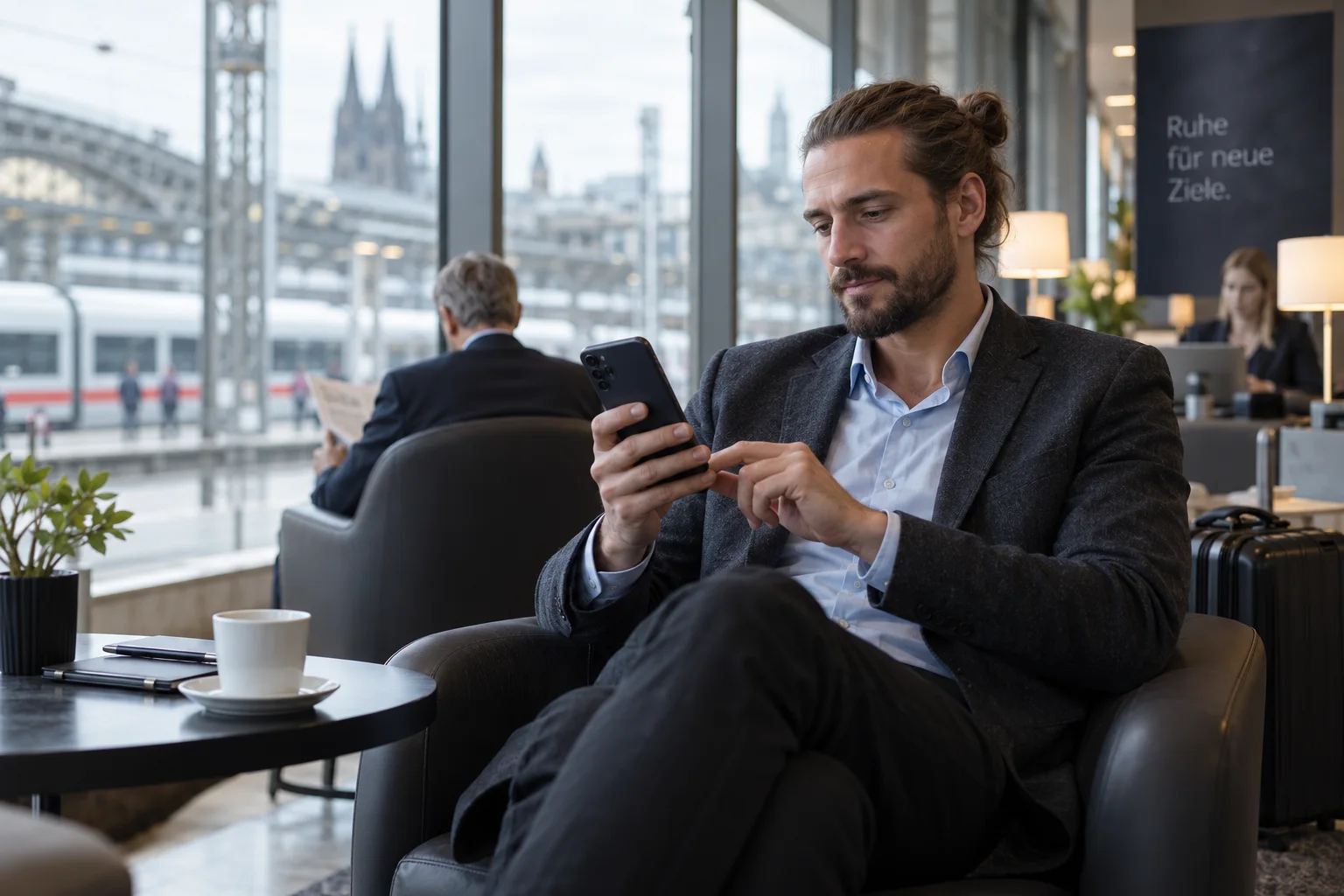 Berater nutzt mobiles Banking unterwegs