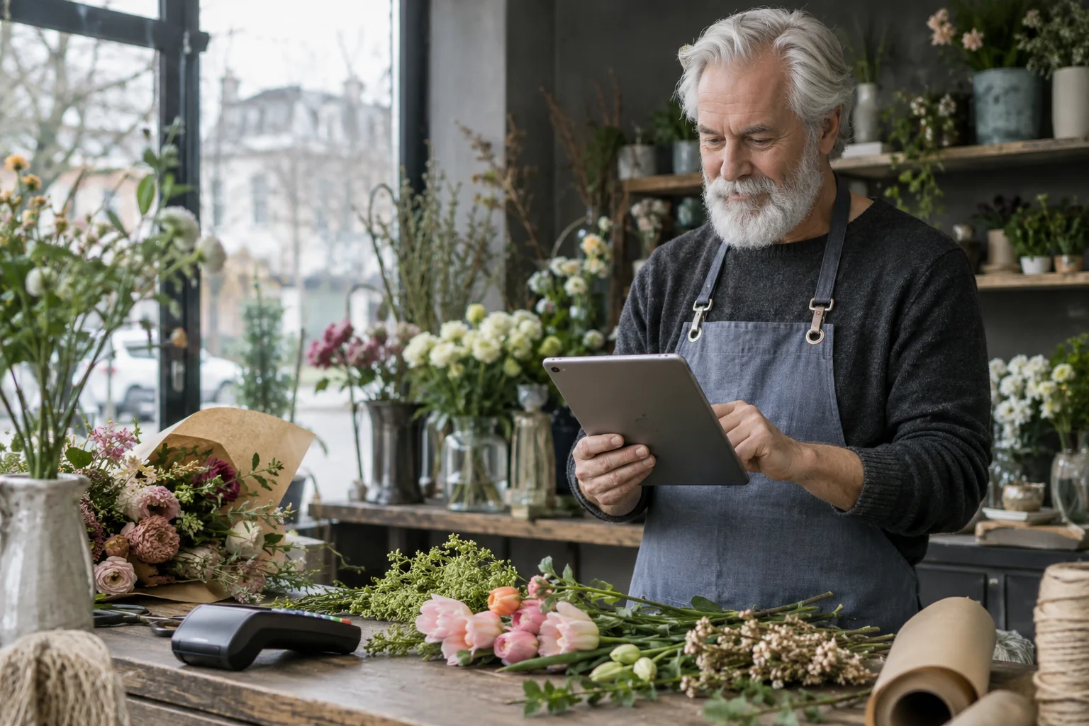 bunq vs. FYRST vs. FINOM vs. Vivid: Geschäftskonten im direkten Vergleich Florist prüft Kartenzahlungen am Tablet