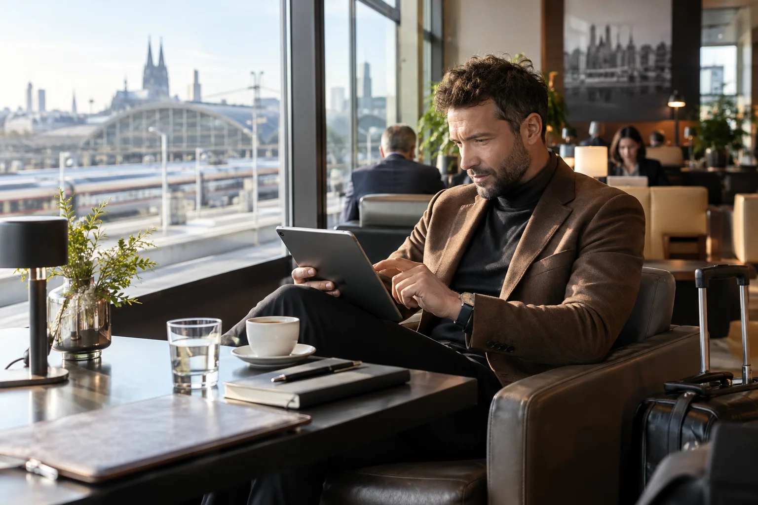 Berater vergleicht Geschäftskonten unterwegs auf dem Tablet