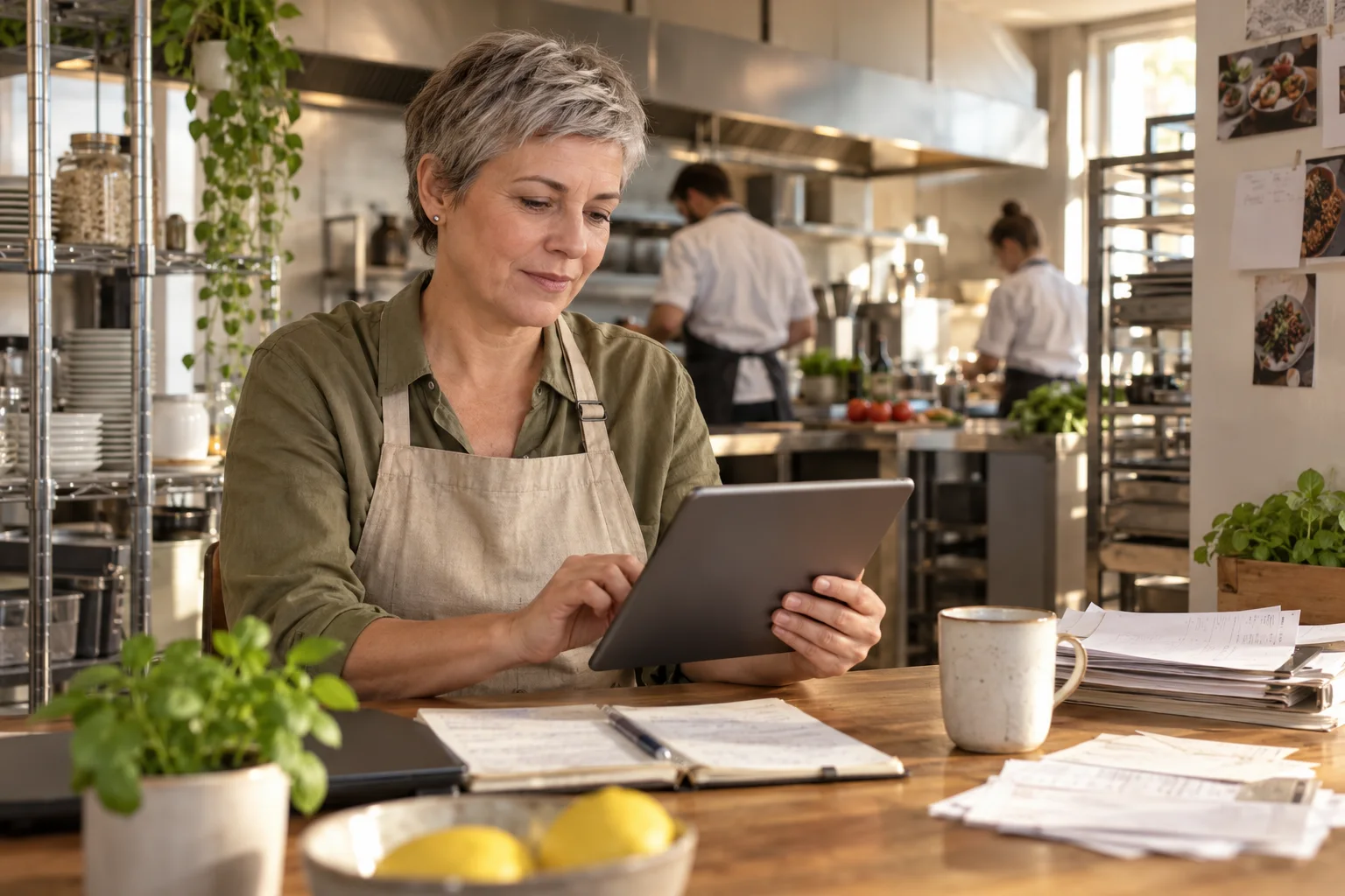 bunq vs. Kontist vs. FYRST vs. Vivid: Geschäftskonten im direkten Vergleich Catering-Inhaberin prüft Zahlungen am Tablet