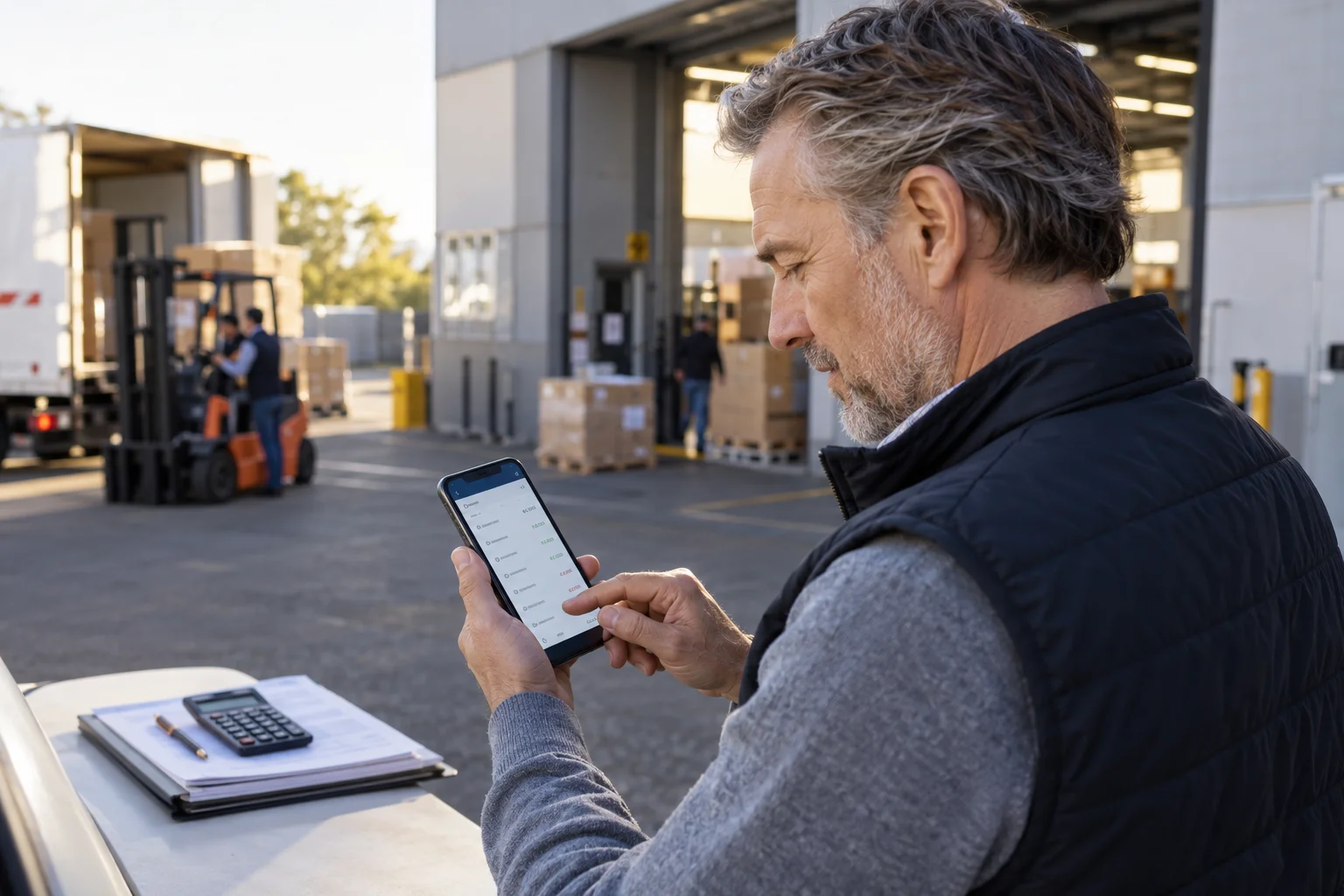 Geschäftskonto Commerzbank Unternehmer kontrolliert eine Lieferantenzahlung am Smartphone
