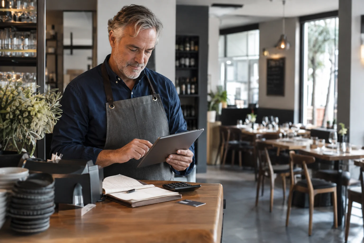 Geschäftskonto Commerzbank oder Postbank Gastronom prüft den geschäftlichen Zahlungsverkehr am Tablet