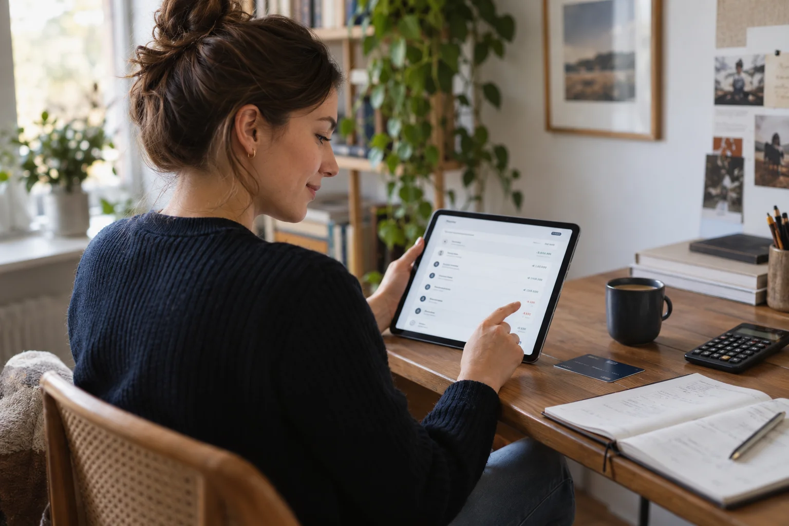 Freiberuflerin prüft ihre monatlichen Geschäftsfinanzen am Tablet