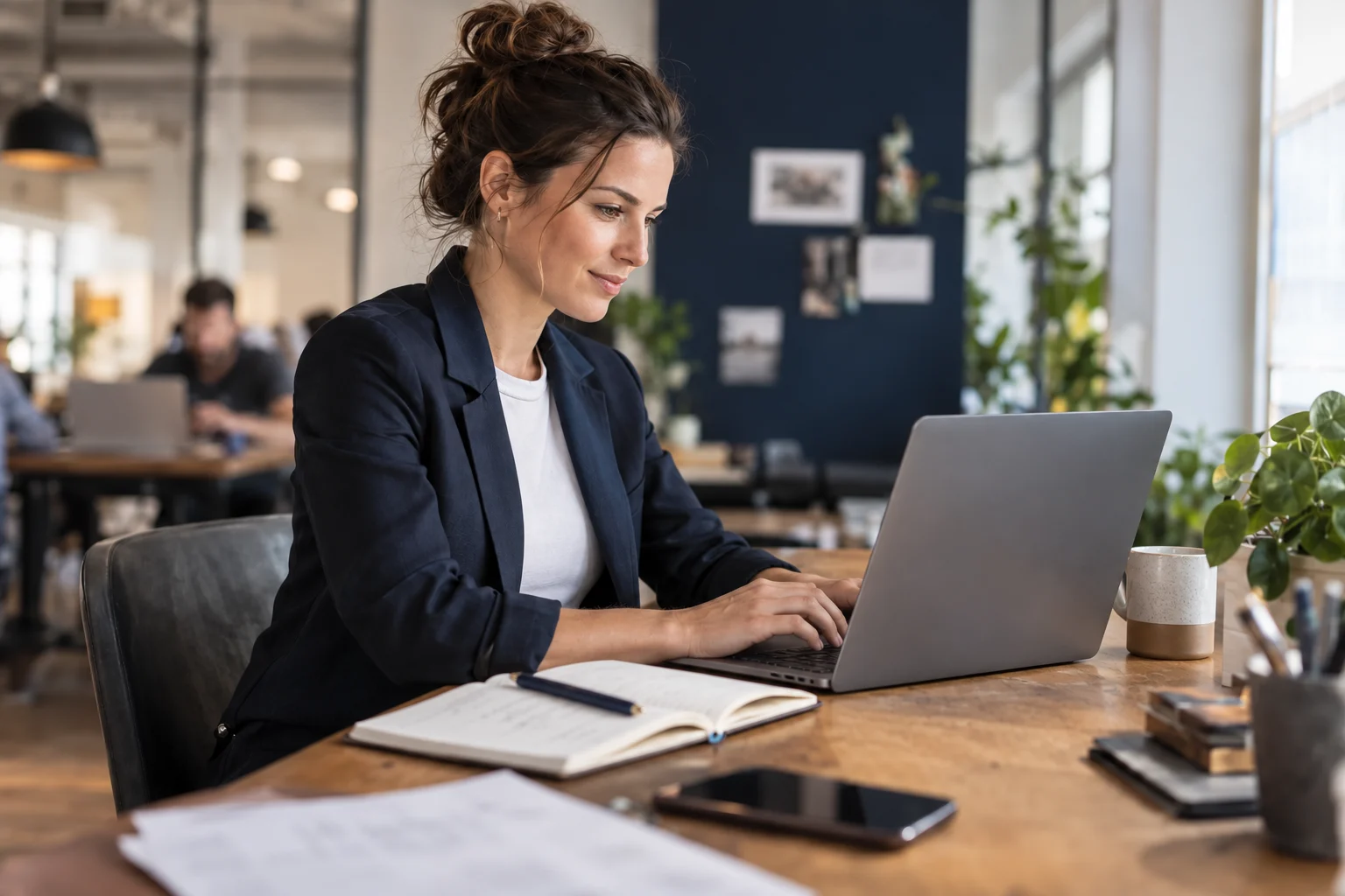Geschäftskonto eröffnen Beraterin prüft ihr Geschäftskonto im Coworking-Büro