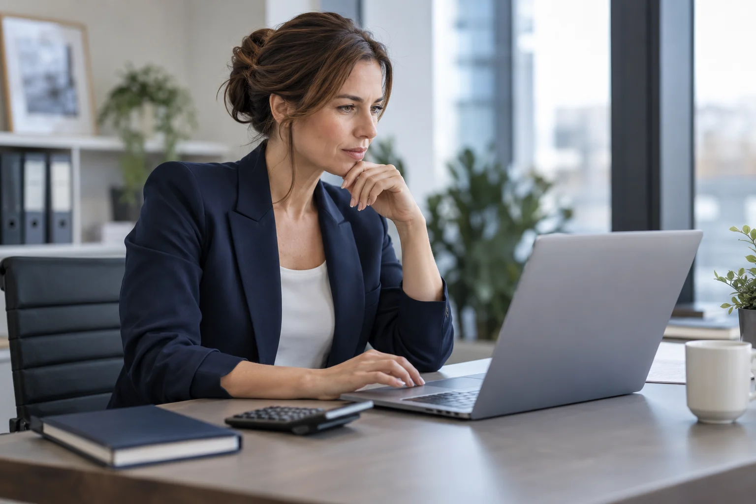 Geschäftskonto für die Finanzplanung im Unternehmen Unternehmerin prüft ihre Geschäftsfinanzen am Laptop im Büro