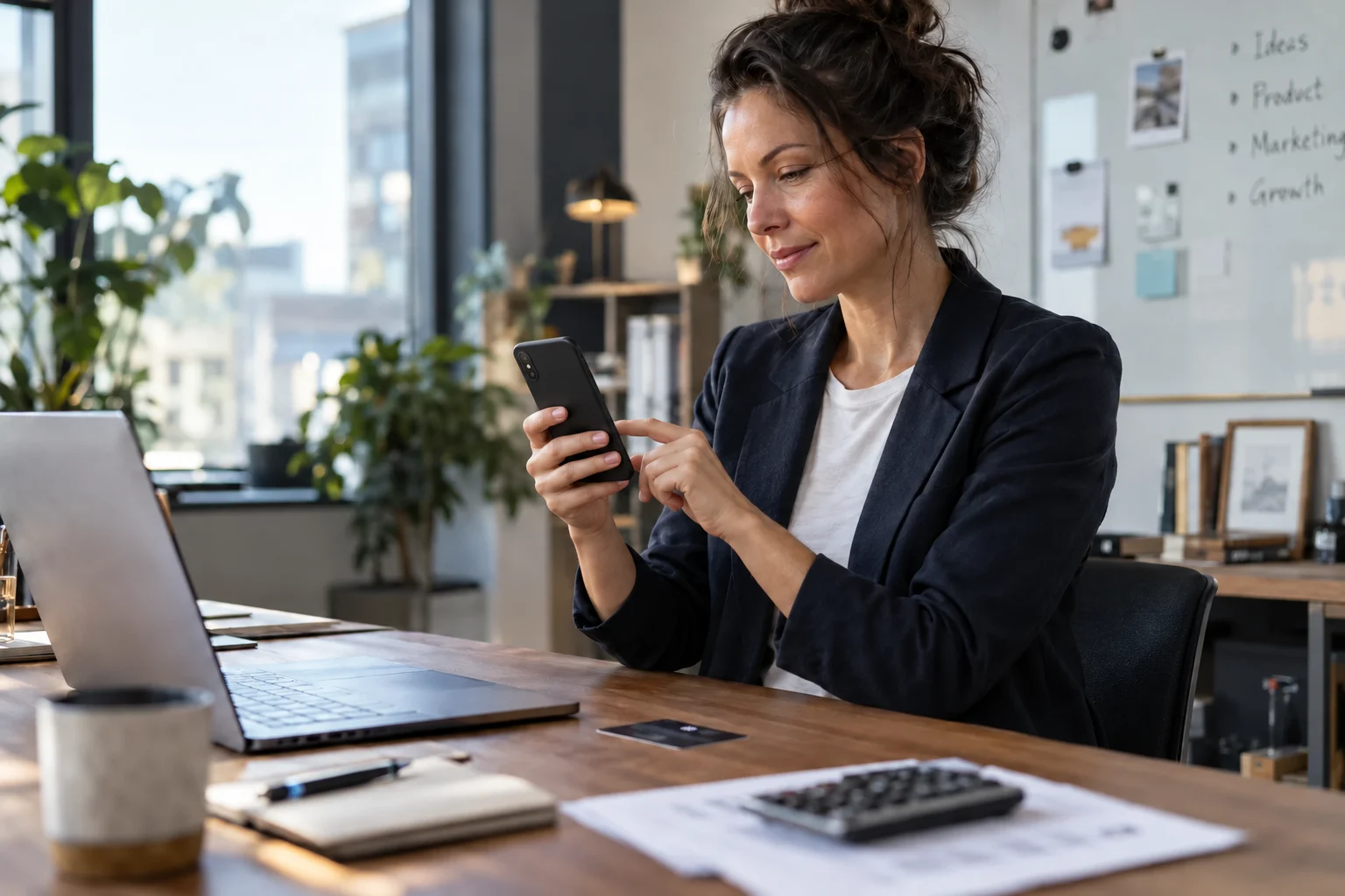 Fragen zum Geschäftskonto Unternehmerin bereitet eine geschäftliche Überweisung am Smartphone vor