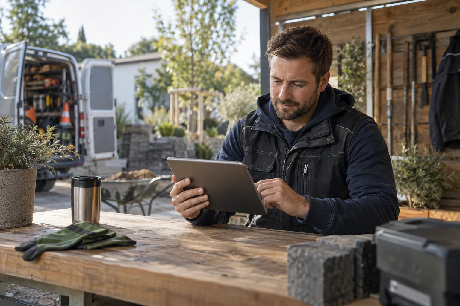 Gartenbauunternehmer prüft Geschäftskontofunktionen auf dem Tablet