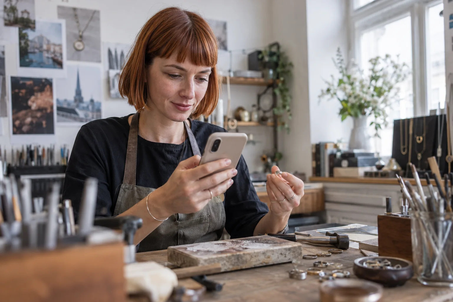 FYRST vs. FINOM vs. Holvi: Geschäftskonten im direkten Vergleich Schmuckdesignerin prüft geschäftliche Zahlungen am Handy