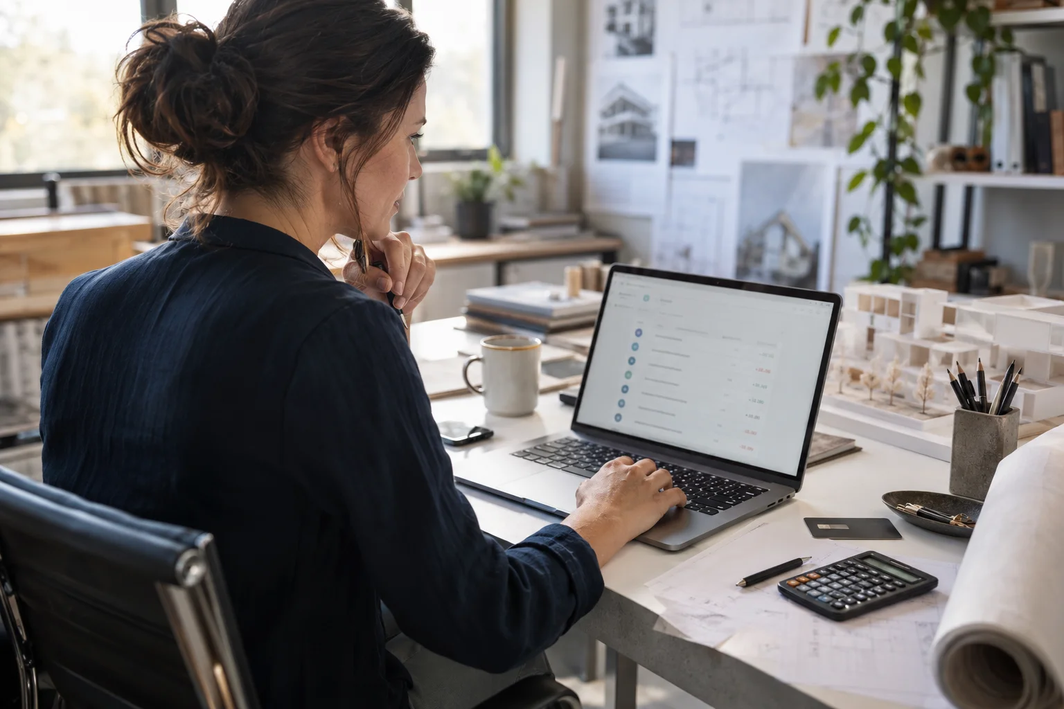 Geschäftskonto gleich Privatkonto Architektin prüft Geschäftskonto-Buchungen am Laptop