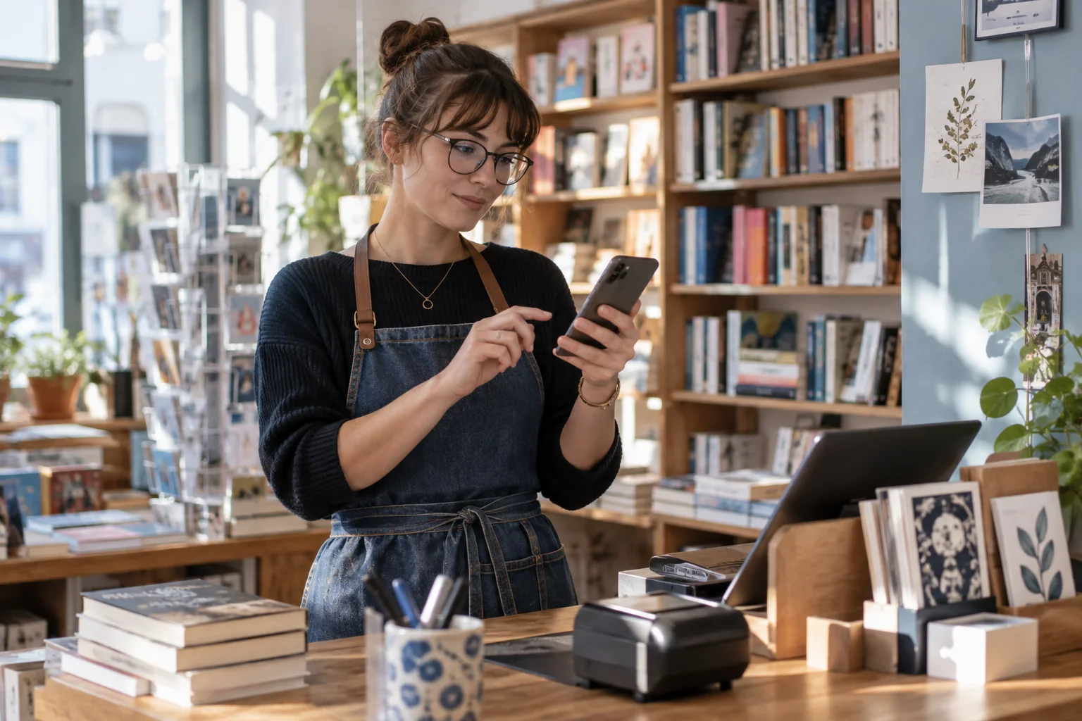Buchhändlerin prüft Kontofunktionen auf dem Smartphone