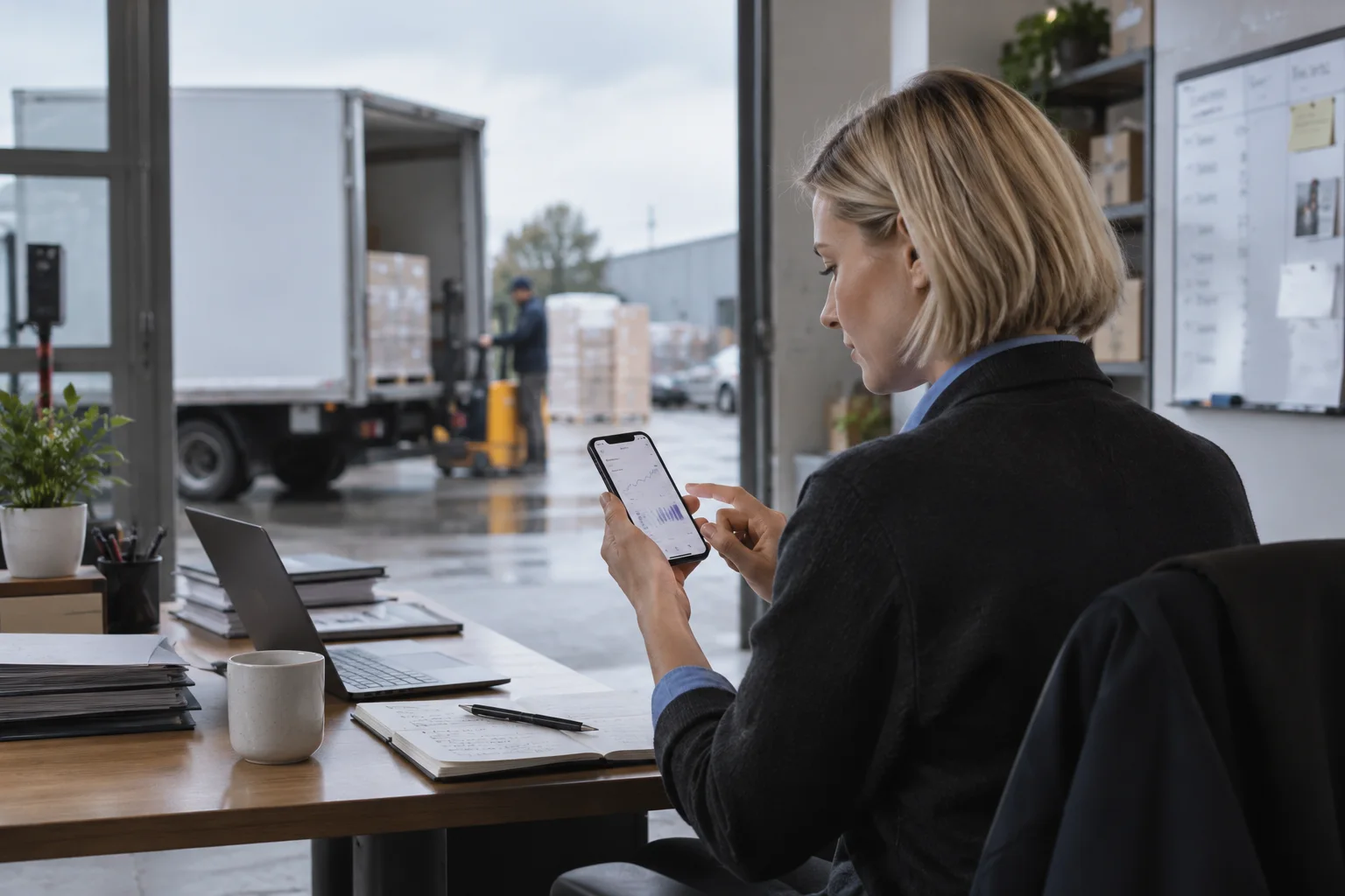 Unternehmerin prüft Zahlungen im Logistikbetrieb