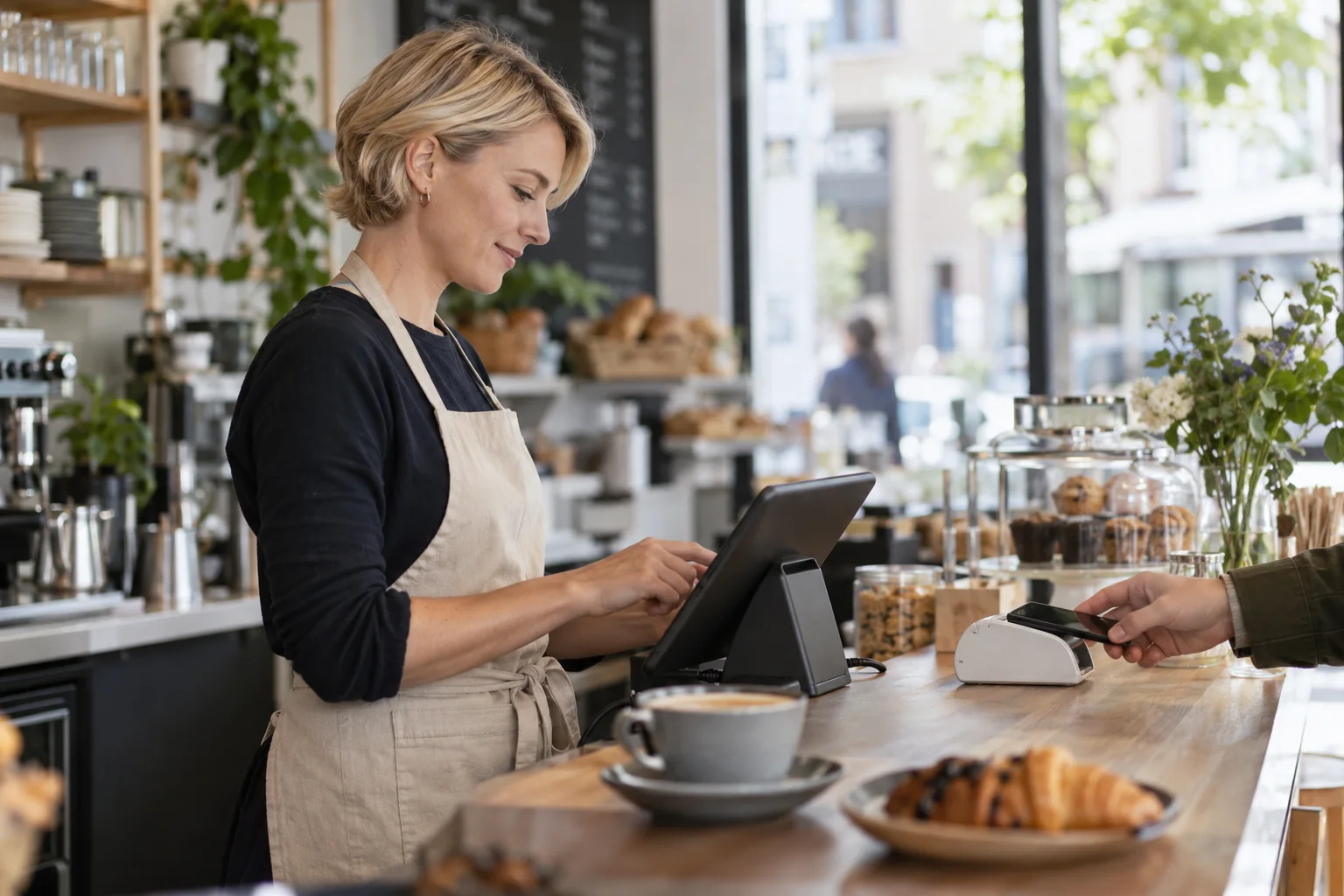 Kontist vs. FINOM vs. Vivid: Geschäftskonten im direkten Vergleich Café-Inhaberin prüft die Abrechnung ihrer Kartenzahlungen