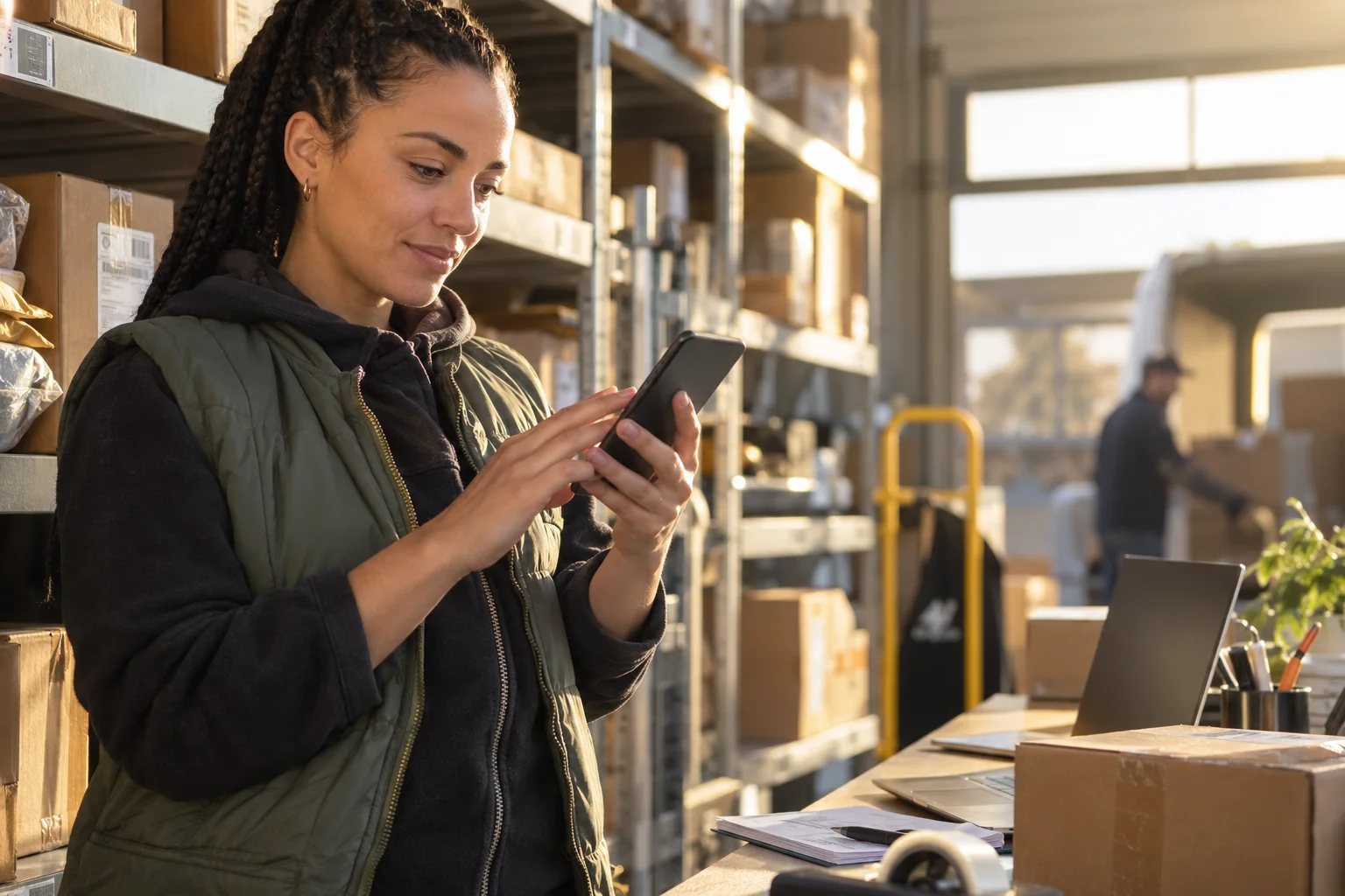 Kontist vs. FYRST vs. FINOM: Geschäftskonten im direkten Vergleich Logistikunternehmerin prüft Geschäftszahlungen am Smartphone