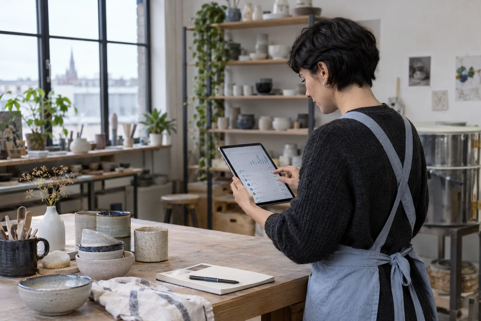 Kontist vs. FYRST vs. FINOM vs. Vivid: Geschäftskonten im direkten Vergleich Keramikerin prüft Zahlungseingänge am Tablet