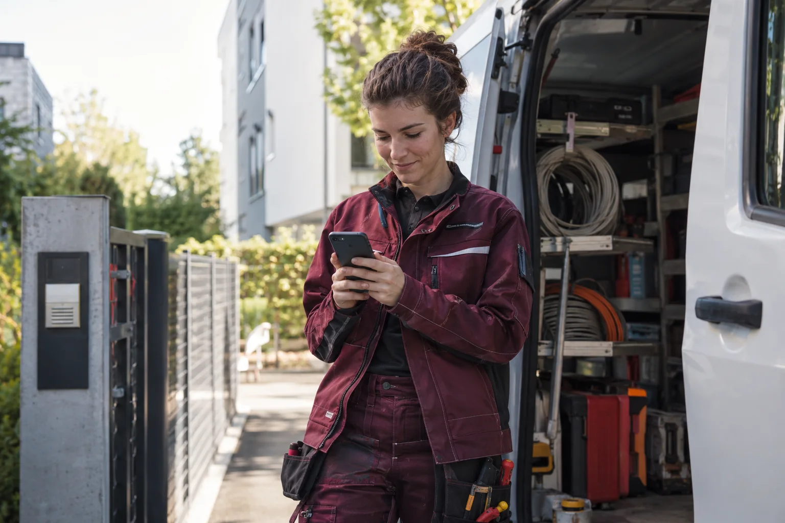 Kontist vs. FYRST vs. Vivid: Geschäftskonten im direkten Vergleich Handwerkerin prüft Geschäftszahlungen am Smartphone