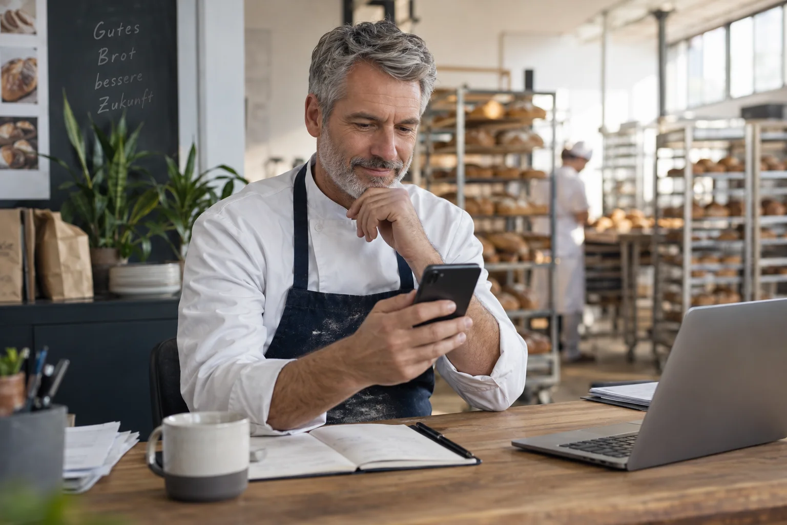 Bäckereiinhaber prüft digitale Zahlungseingänge