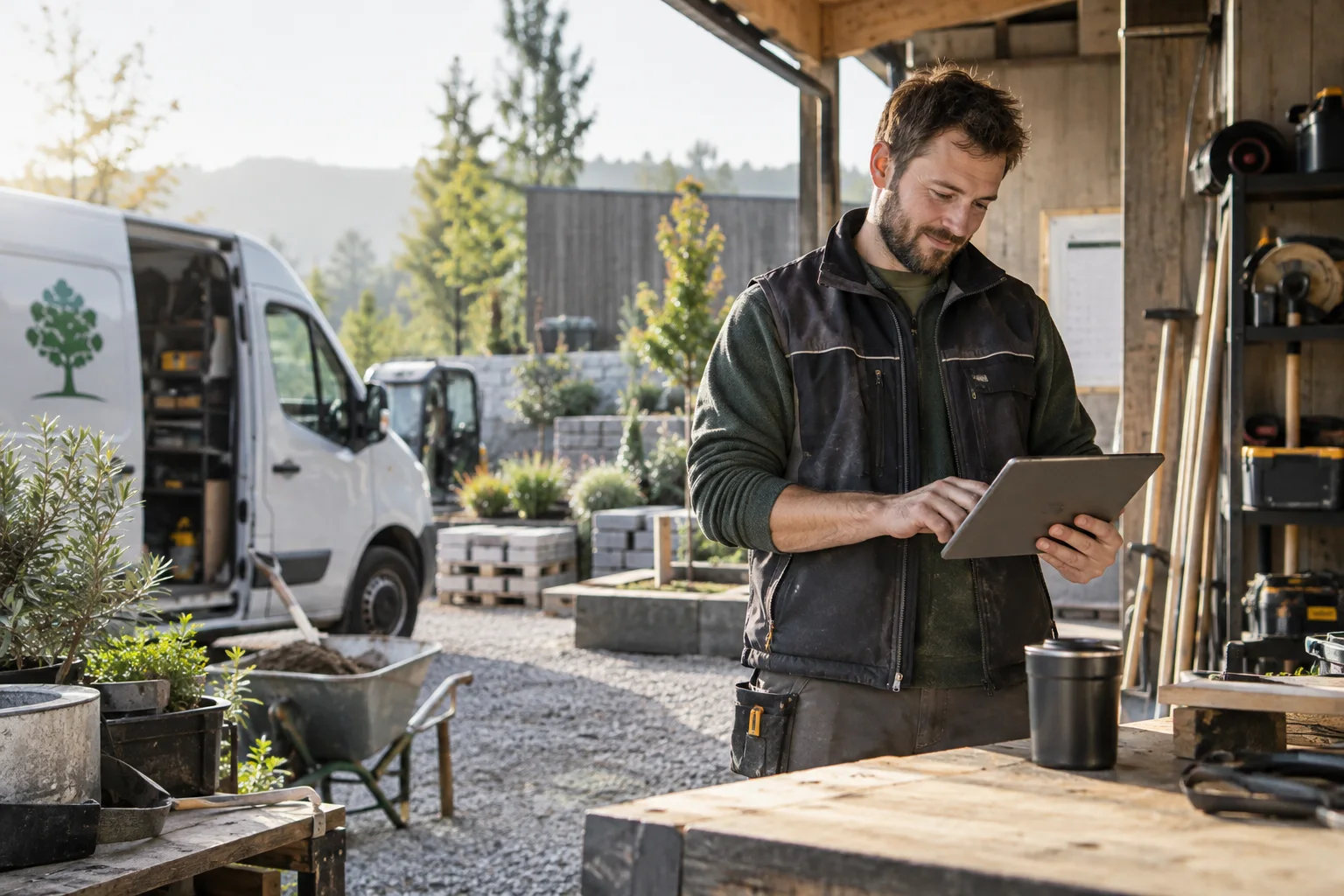 Geschäftskonto: Firmenkonto, Kosten und Auswahl verständlich erklärt Gartenbauunternehmer prüft Geschäftskontofunktionen auf dem Tablet