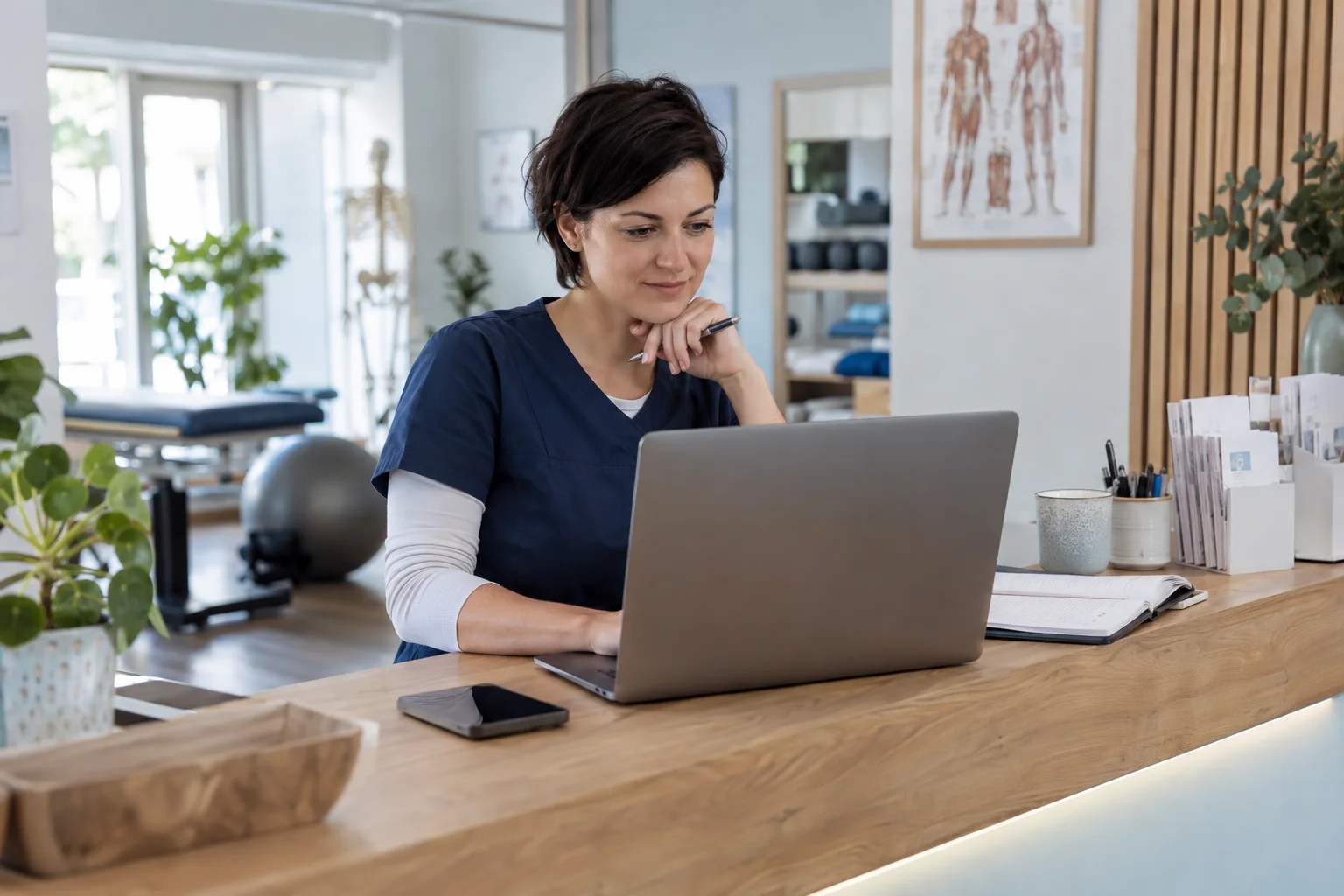 Physiotherapeutin prüft ihr Geschäftskonto am Empfang