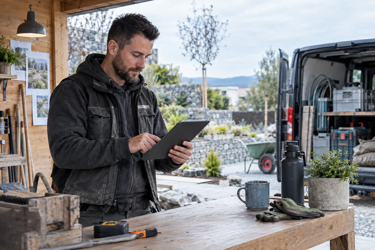 N26 vs. bunq vs. FYRST: Geschäftskonten im direkten Vergleich Gartenbauunternehmer prüft Geschäftskontofunktionen auf dem Tablet