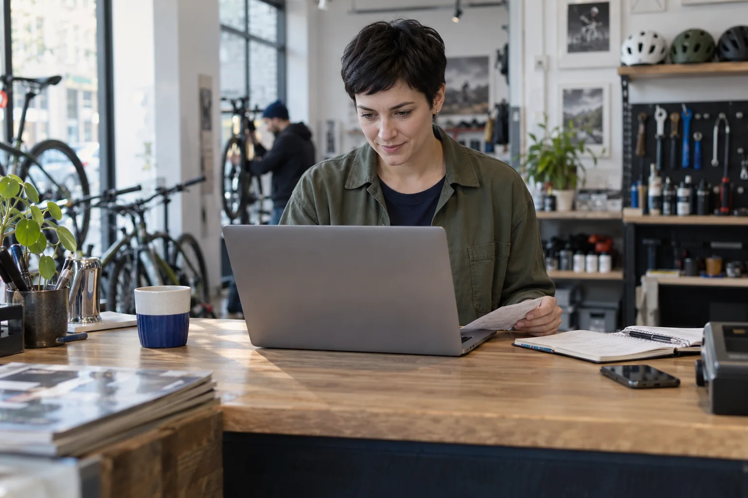 Fahrradhändlerin vergleicht Kontomodelle am Laptop