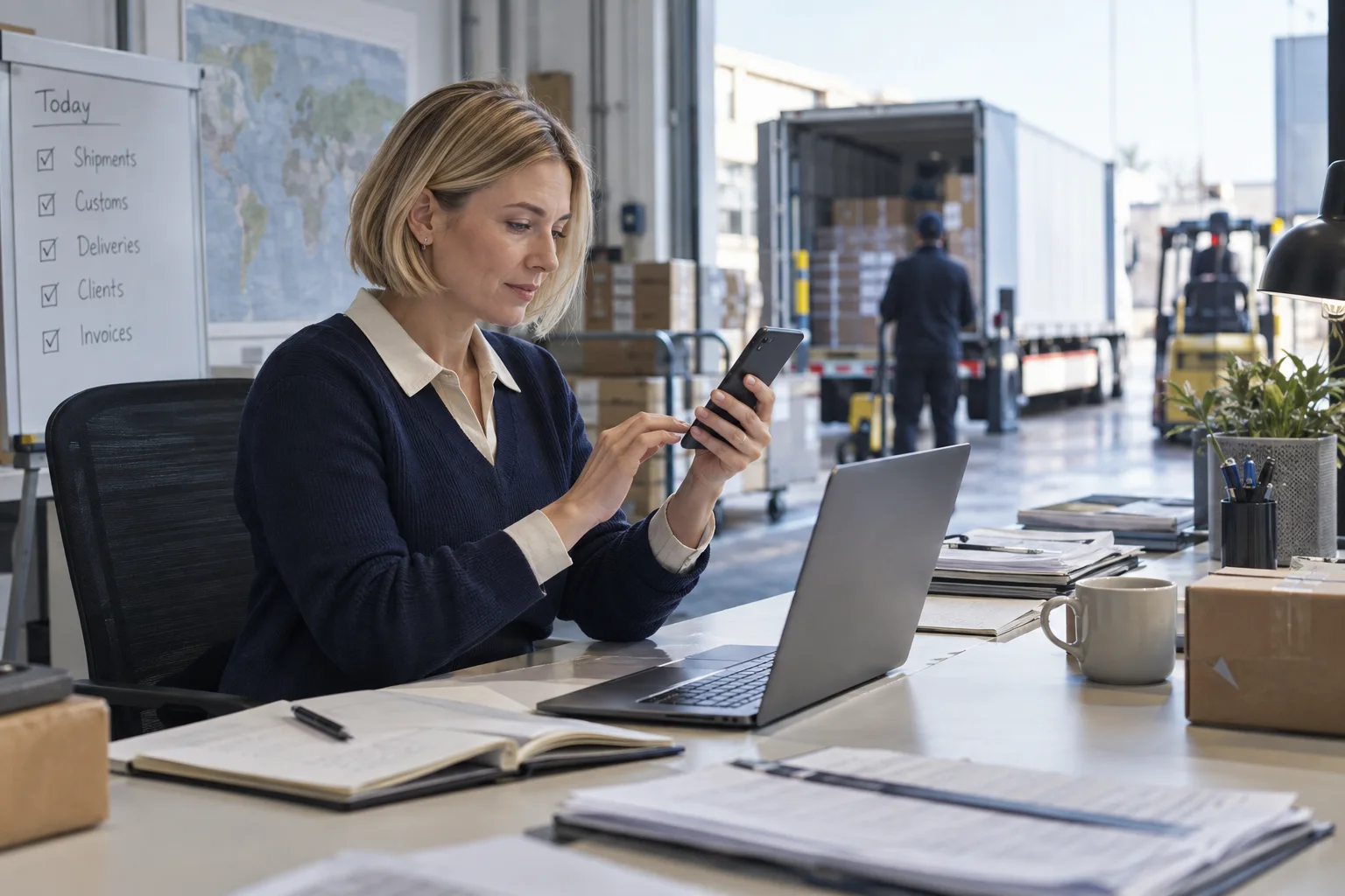 N26 vs. FYRST vs. FINOM vs. Holvi: Geschäftskonten im direkten Vergleich Unternehmerin prüft Zahlungen im Logistikbetrieb