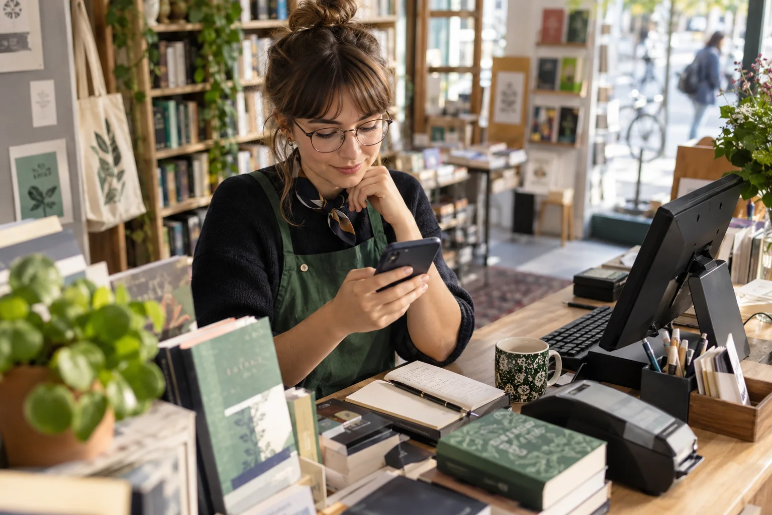 Buchhändlerin prüft Kontofunktionen auf dem Smartphone