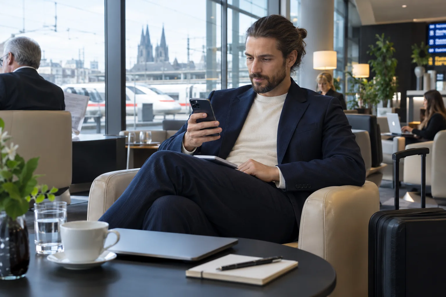 N26 vs. Kontist vs. FYRST vs. FINOM: Geschäftskonten im direkten Vergleich Berater nutzt mobiles Banking unterwegs