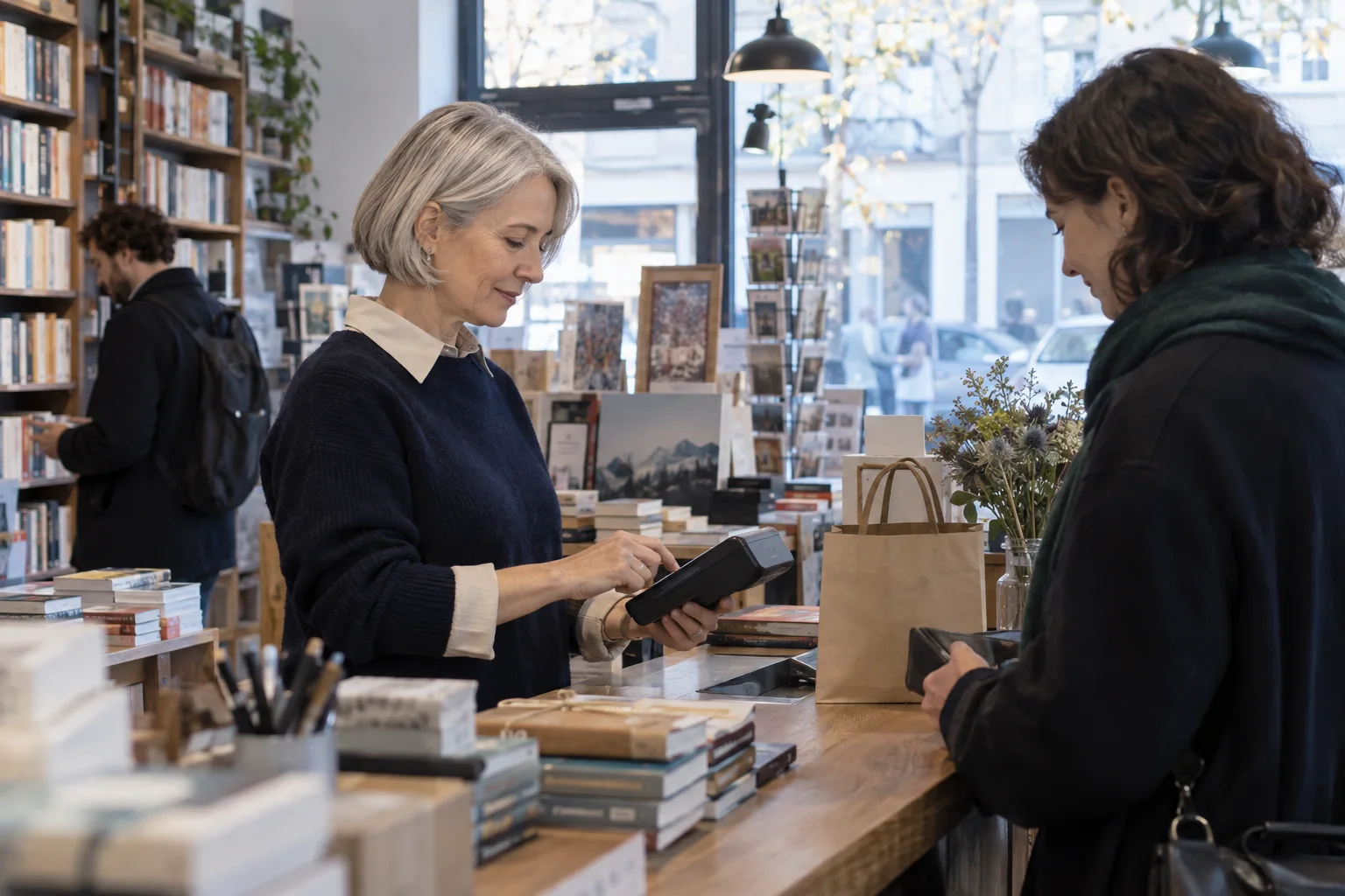 N26 vs. Kontist vs. FYRST vs. Qonto: Geschäftskonten im direkten Vergleich Buchhändlerin kontrolliert Kartenzahlungen