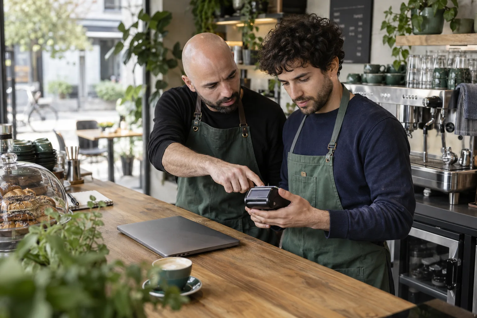 N26 vs. Kontist vs. Qonto: Geschäftskonten im direkten Vergleich Cafébetreiber besprechen Kartenzahlungen und Geschäftskontokosten