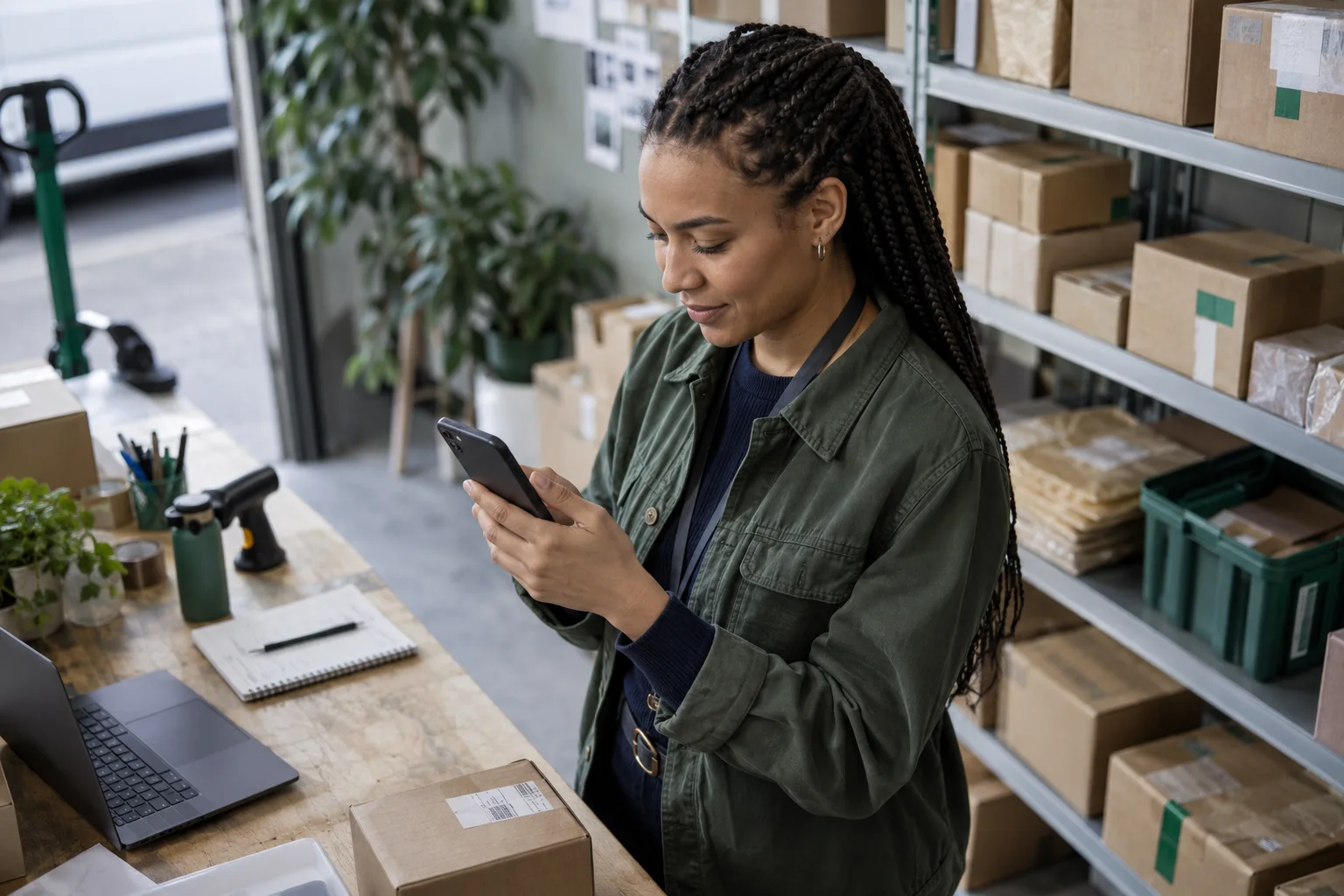 Logistikunternehmerin prüft Geschäftszahlungen am Smartphone