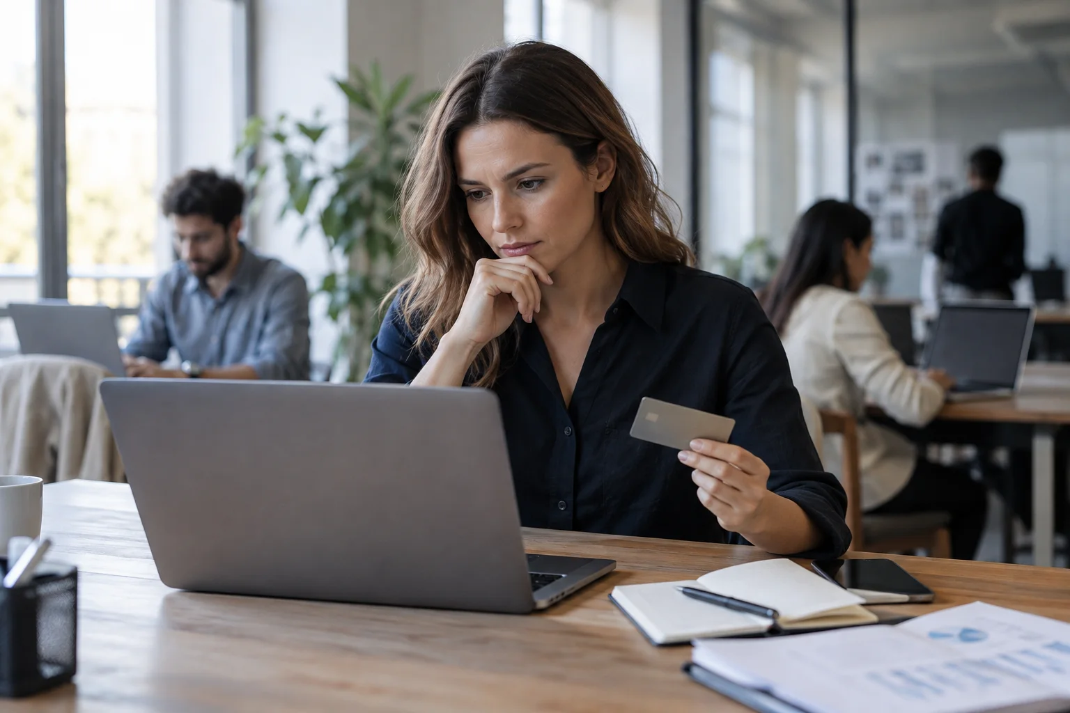 Unternehmerin kontrolliert Kartenausgaben am Laptop