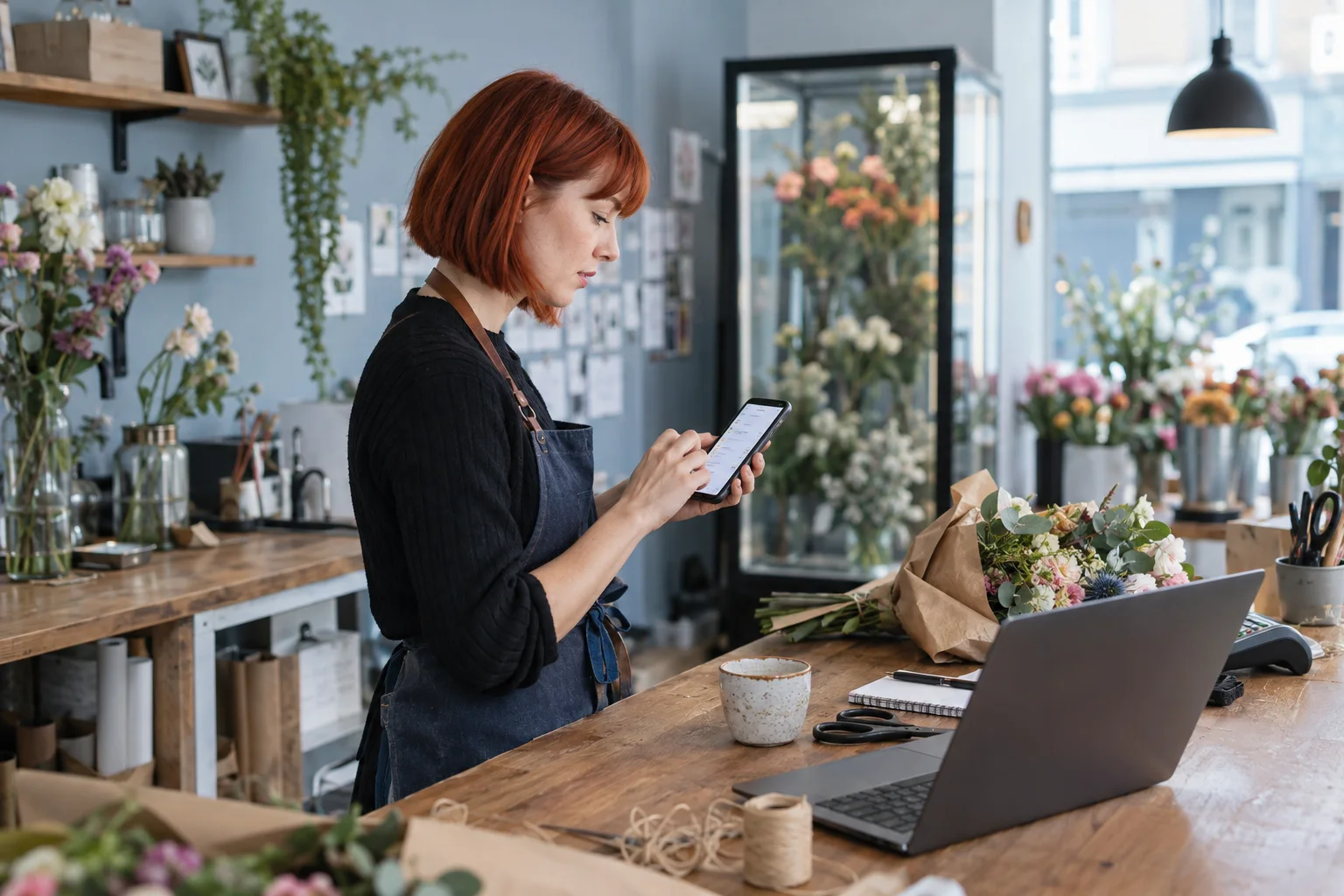 N26 vs. Revolut vs. bunq: Geschäftskonten im direkten Vergleich Floristin kontrolliert Geschäftszahlungen am Verkaufstresen