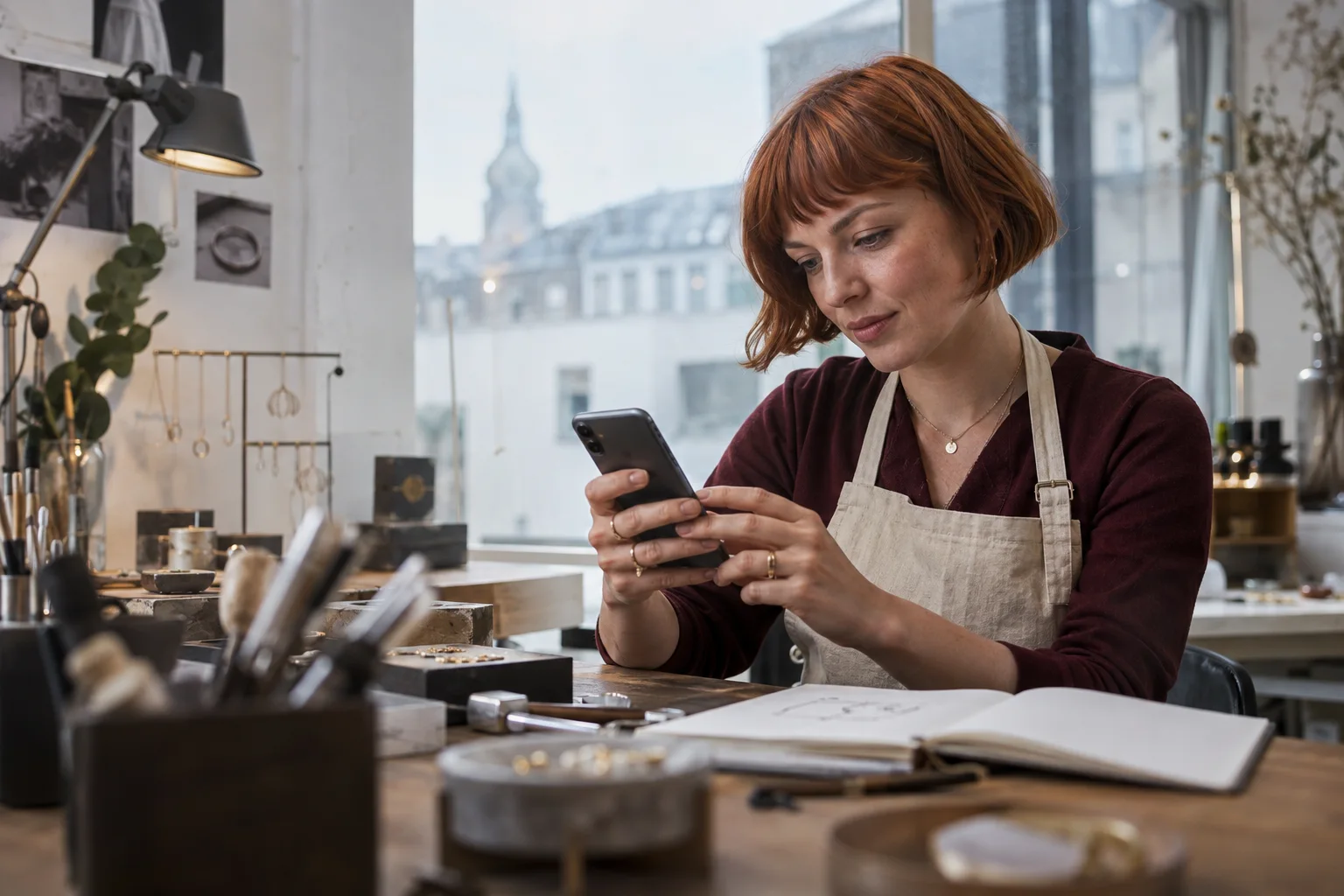 N26 vs. Revolut vs. Kontist vs. Qonto: Geschäftskonten im direkten Vergleich Schmuckdesignerin prüft geschäftliche Zahlungen am Handy