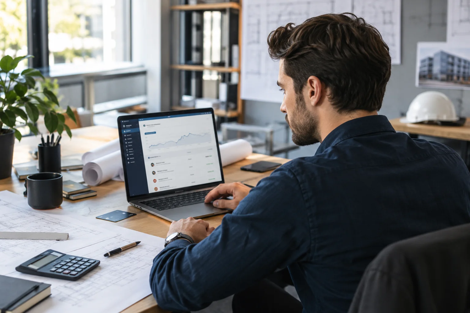 Geschäftskonto online eröffnen Ingenieur kontrolliert Geschäftskonto-Umsätze am Laptop