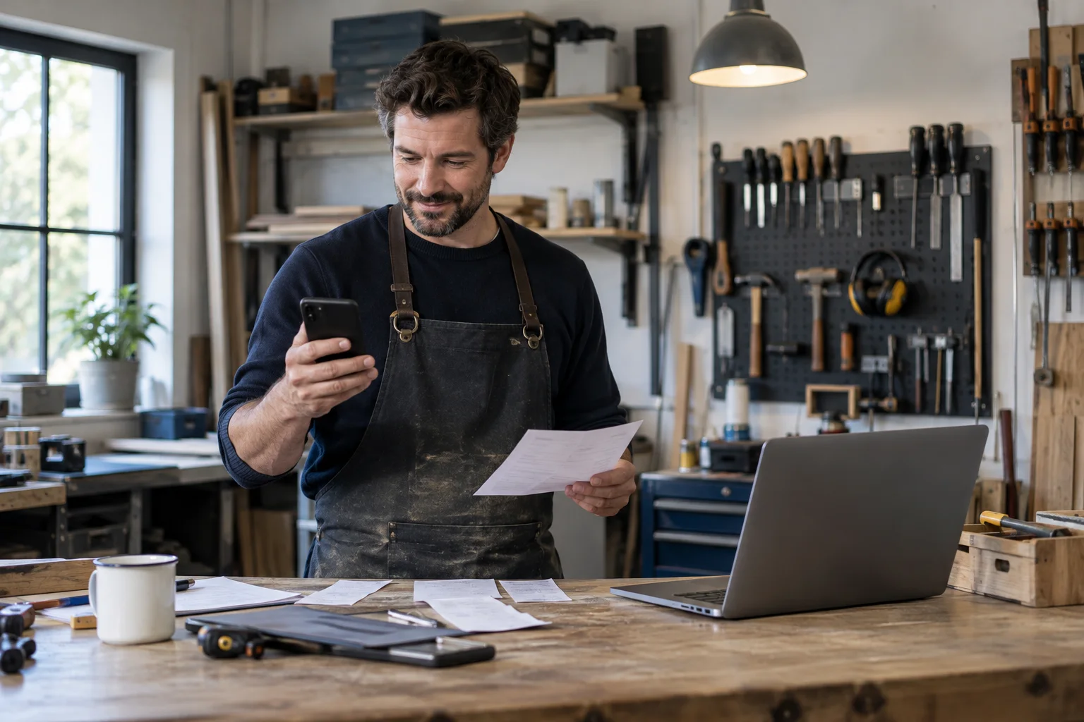 Handwerksunternehmer prüft Geschäftseinnahmen am Smartphone