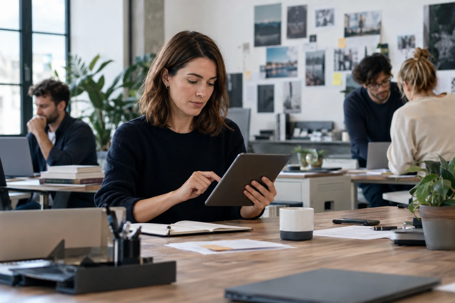 Unternehmerin prüft Firmenkarten-Berechtigungen auf einem Tablet