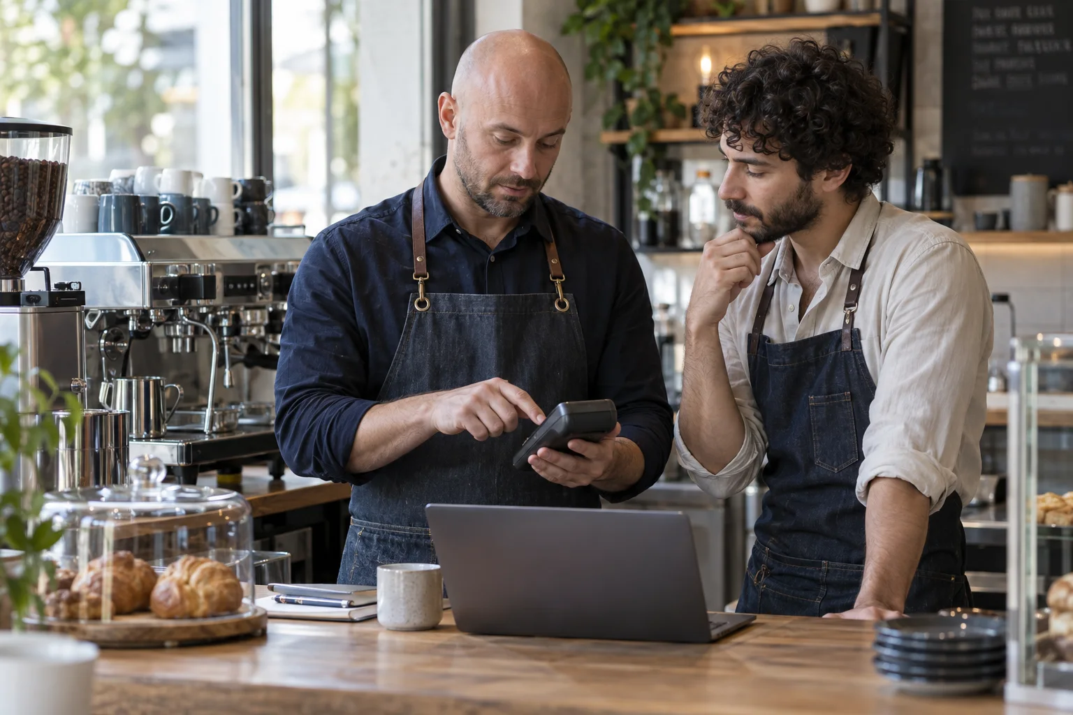 Cafébetreiber besprechen Kartenzahlungen und Geschäftskontokosten