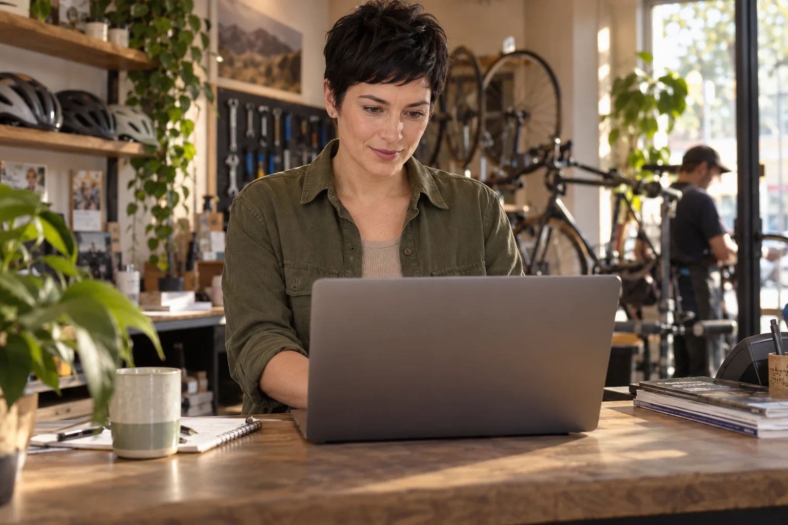 Revolut vs. bunq vs. FINOM vs. Holvi: Geschäftskonten im direkten Vergleich Fahrradhändlerin vergleicht Kontomodelle am Laptop