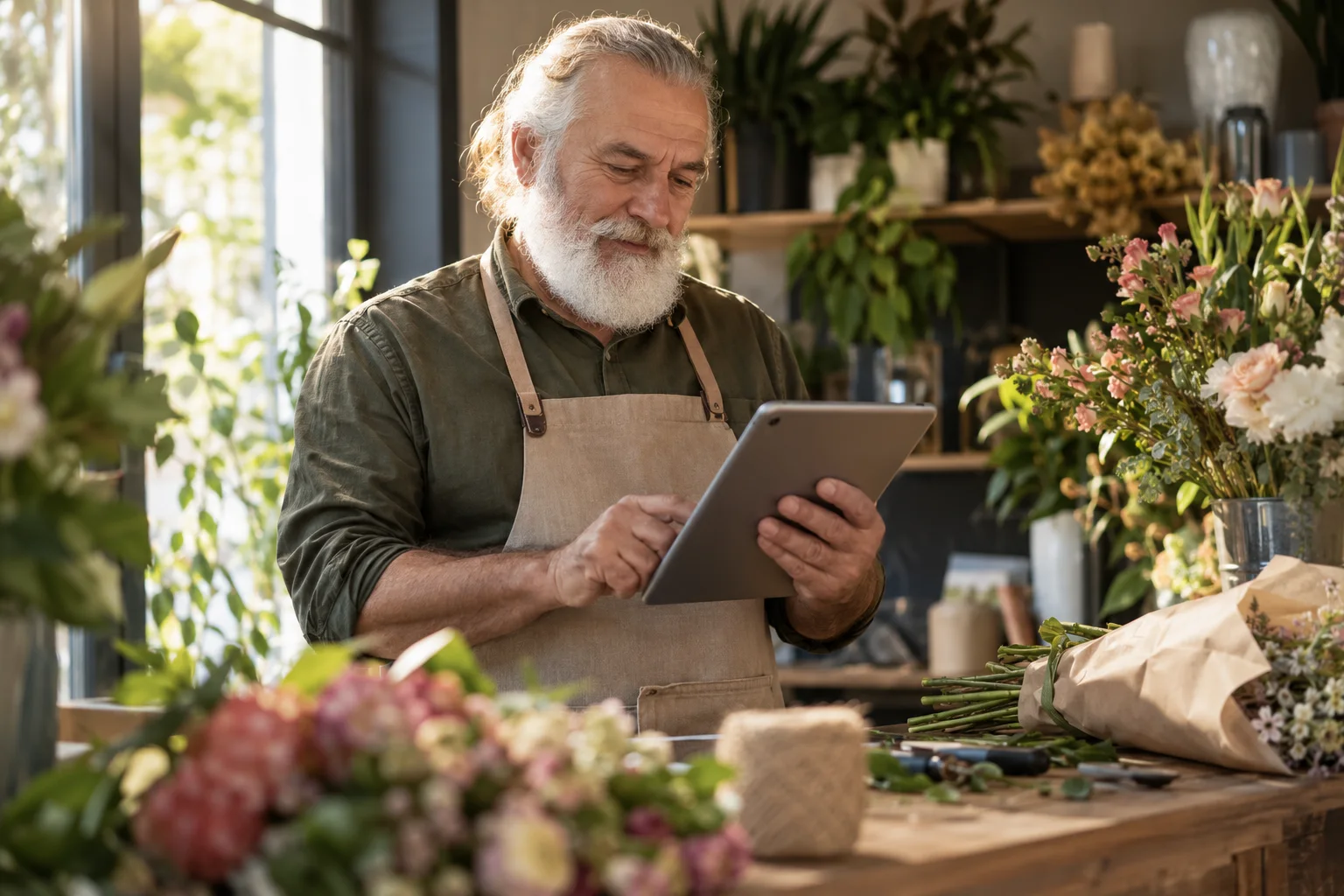 Florist prüft Kartenzahlungen am Tablet
