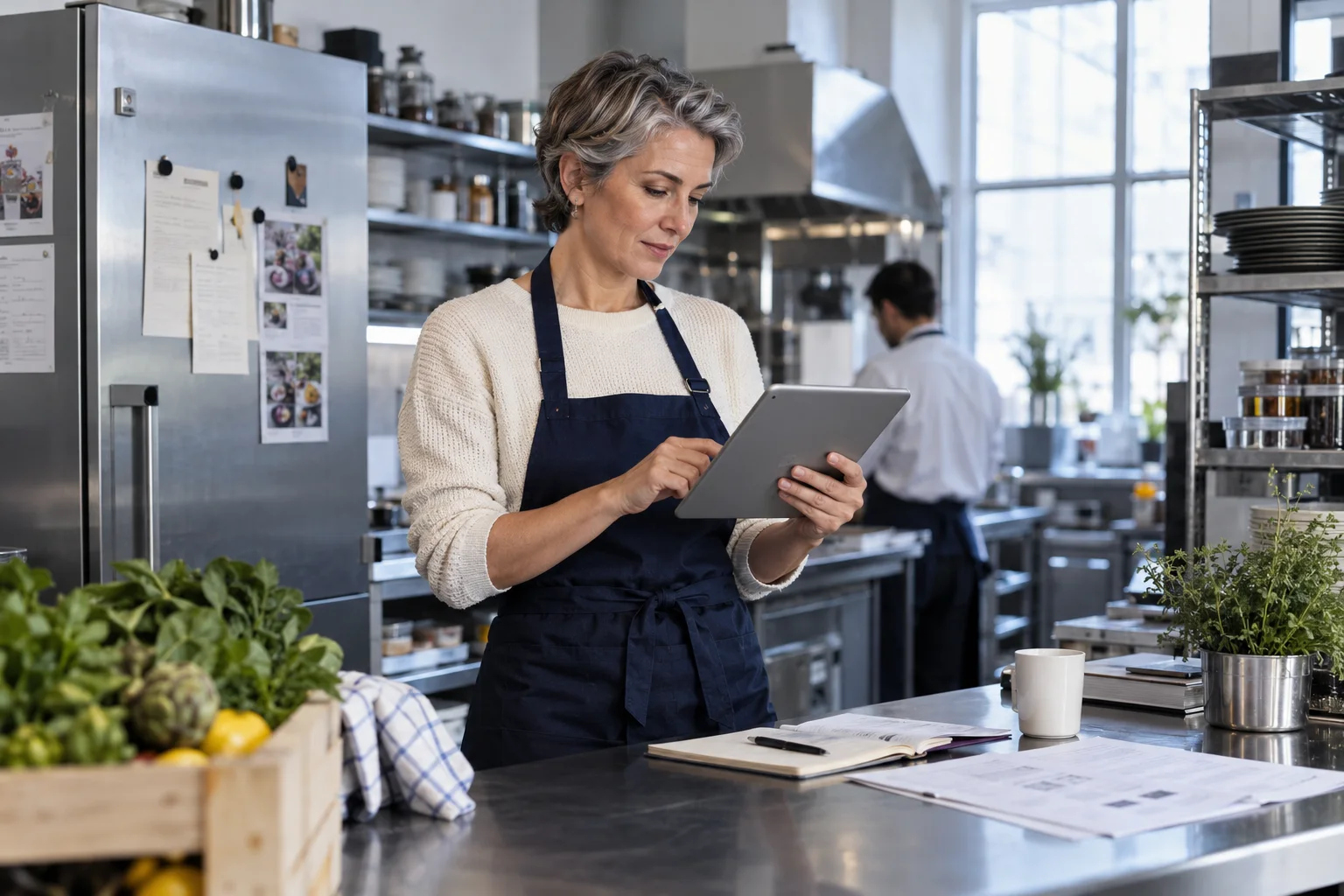 Catering-Inhaberin prüft Zahlungen am Tablet