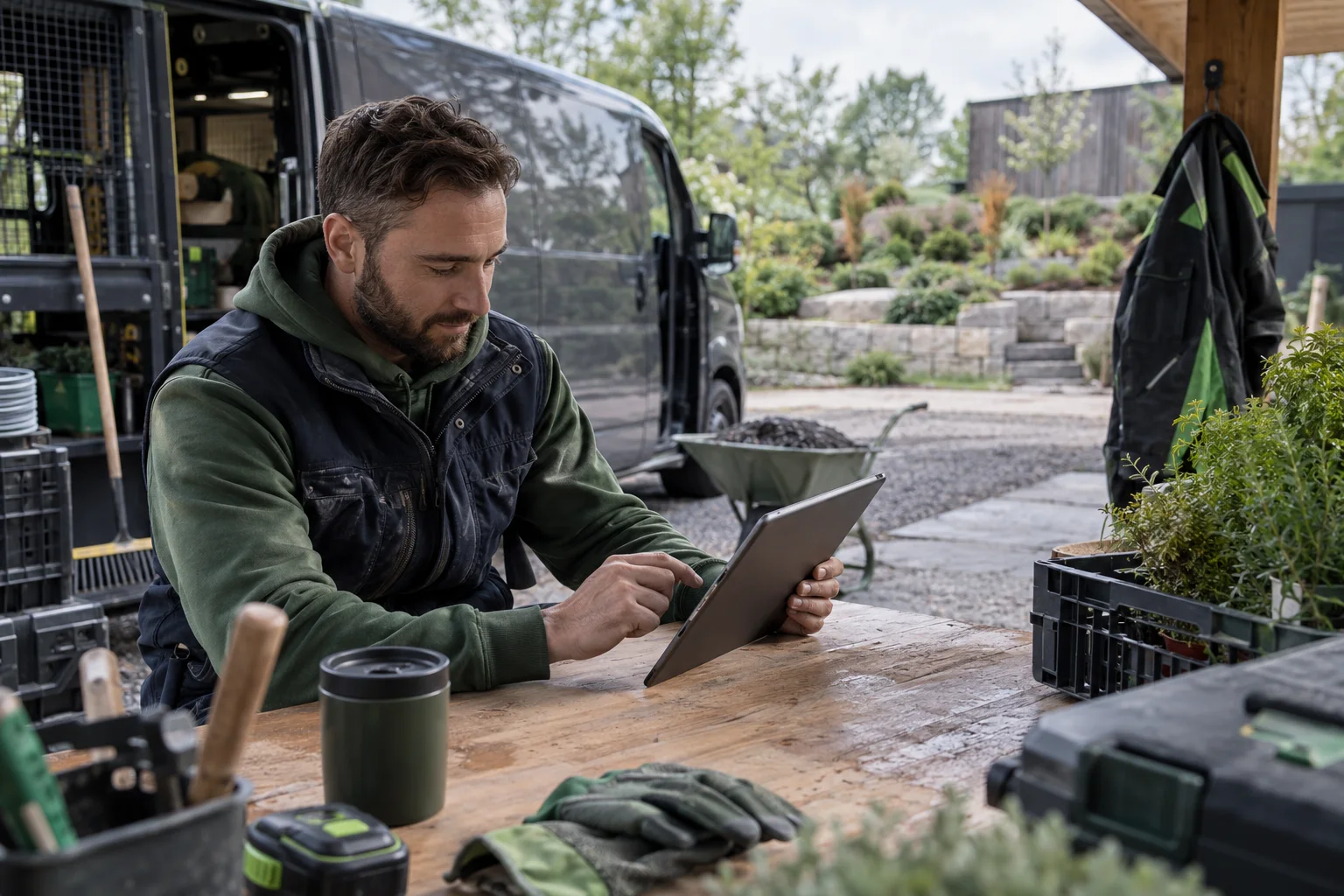 Gartenbauunternehmer prüft Geschäftskontofunktionen auf dem Tablet