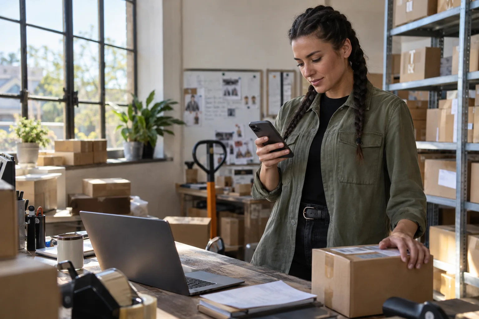 Revolut vs. FINOM vs. Holvi: Geschäftskonten im direkten Vergleich Logistikunternehmerin prüft Geschäftszahlungen am Smartphone