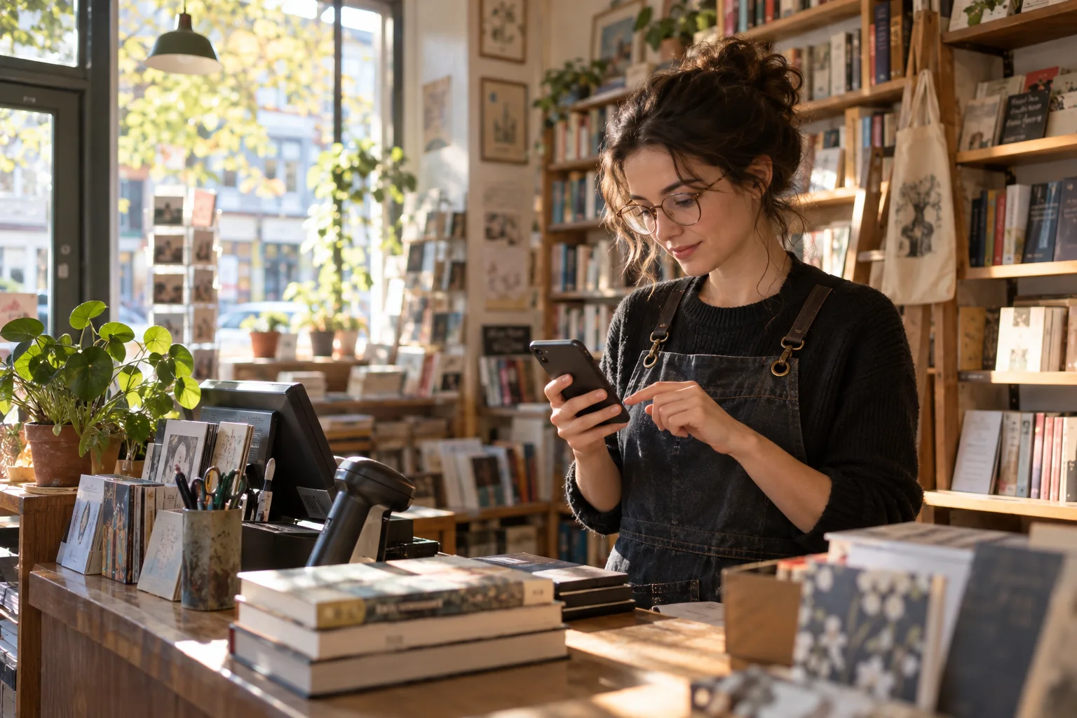 Buchhändlerin prüft Kontofunktionen auf dem Smartphone